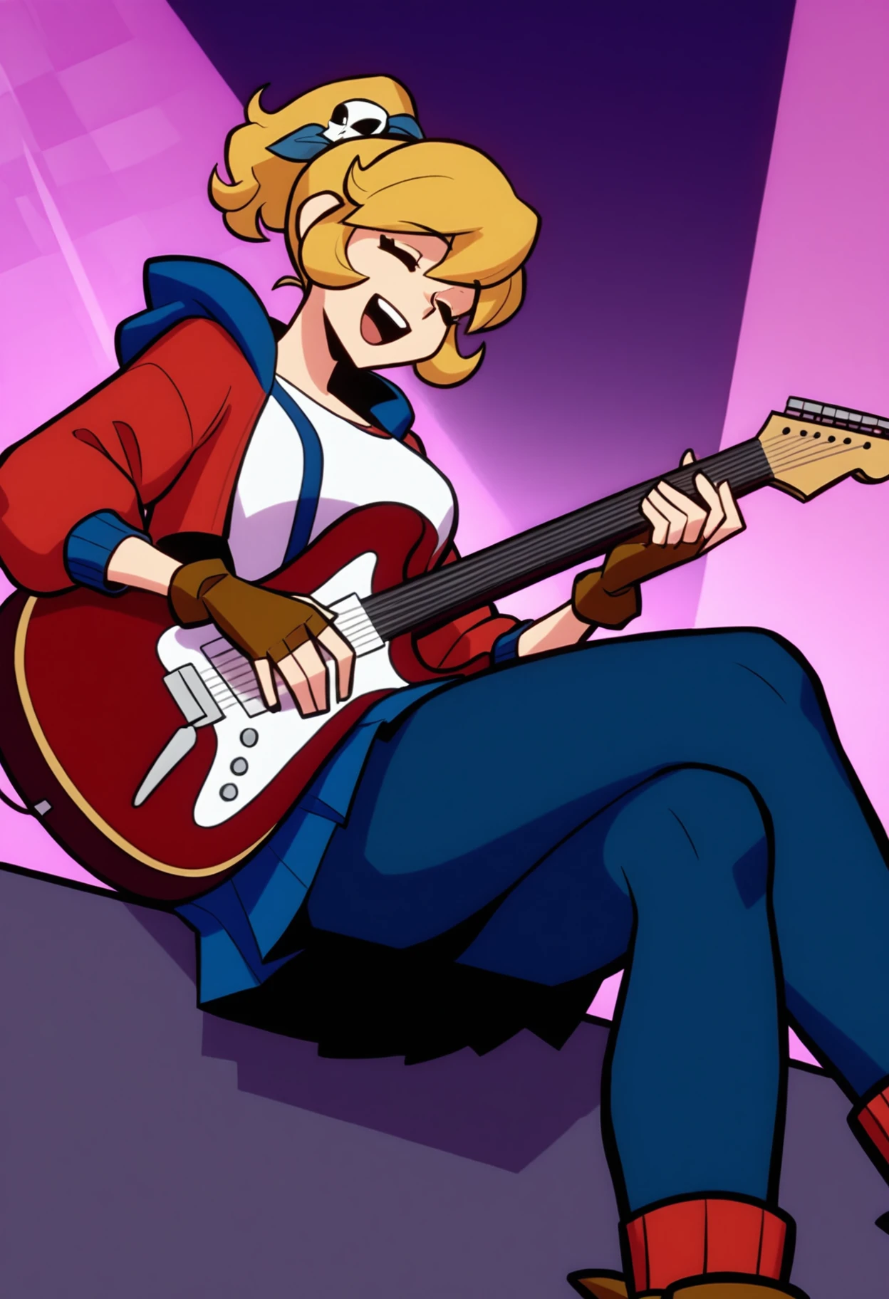 (Text Bubble), comic, Border, 4 panel, <lora:manhuav1.2:0.5>, masterpiece, best quality, 2 girls, 2boys, random haircolor, medium hair, sidelocks, alternative outfits, jackets, black choker, jaggy lines, closed mouth, medium breasts, in a band rocking on stage, random instruments, light show, group of friends, flat colors, <lora:BryanLeeOMalley:1>,