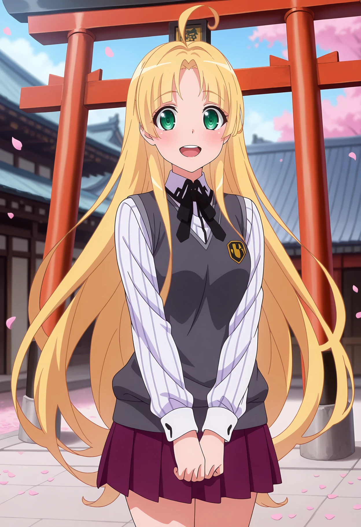 anime screencap, masterpiece, best quality,
<lora:HighSchoolDxDHERO_AsiaArgento_IlluXL:0.9>,
1girl, solo, open mouth, light smile, blush, happy, upper teeth only,
very long hair, blonde hair, green eyes, parted bangs, blunt bangs, ahoge,
AsiaSchool, sweater vest, grey vest, striped shirt, white shirt, neck ribbon, black ribbon, long sleeves,
pleated skirt, purple skirt,
v arms, standing, looking at viewer, cowboy shot,
blurry background, outdoors, torii, east asian architecture, petals