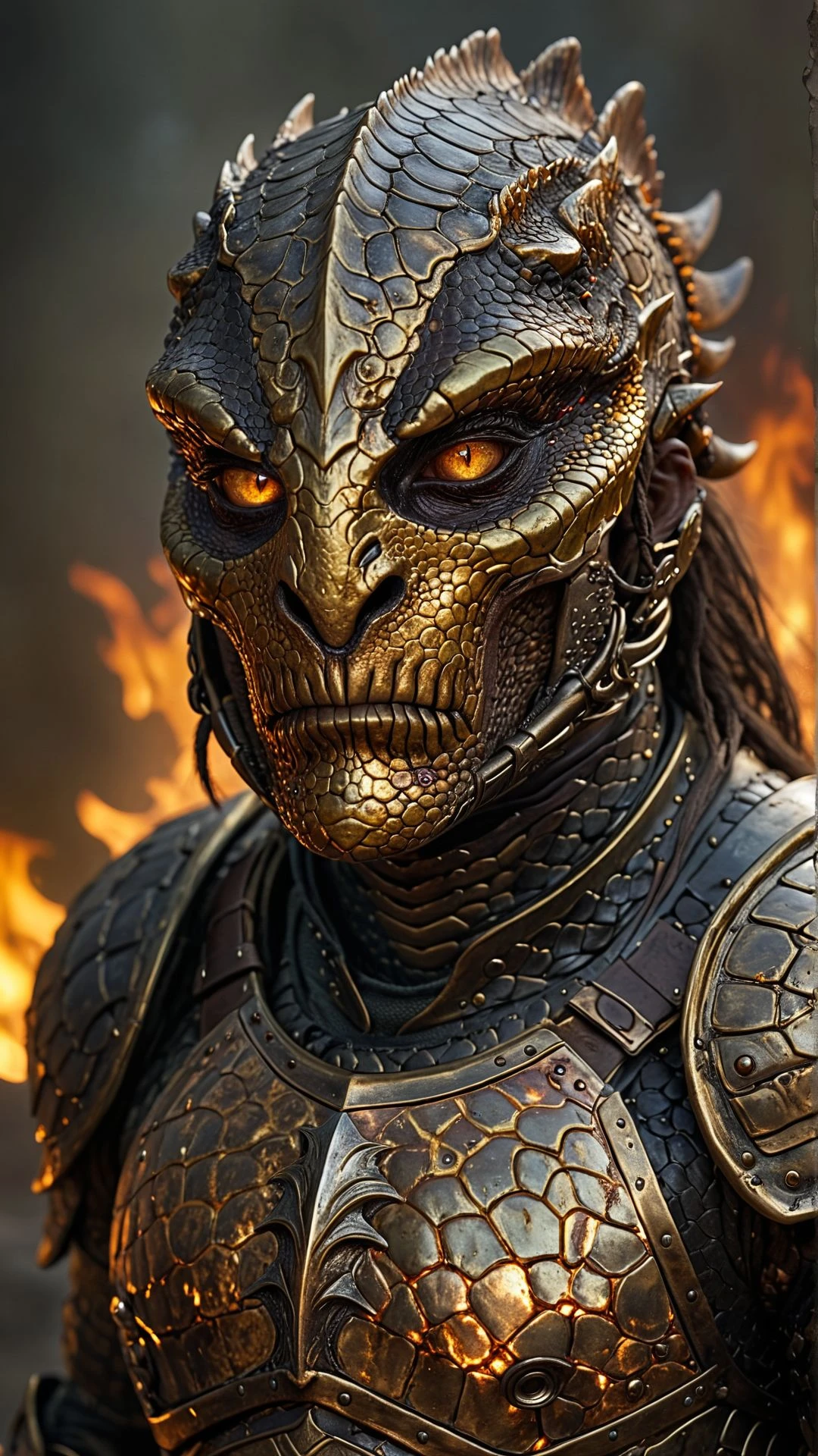 "Half-human, half-reptilian warrior with golden-scaled facial patterns, deep, piercing eyes, and a battle-worn armor reflecting the firelight from a raging battle."
, aidmamj6, <lora:aidmaMJ6.1_v0.5_2:0.85>