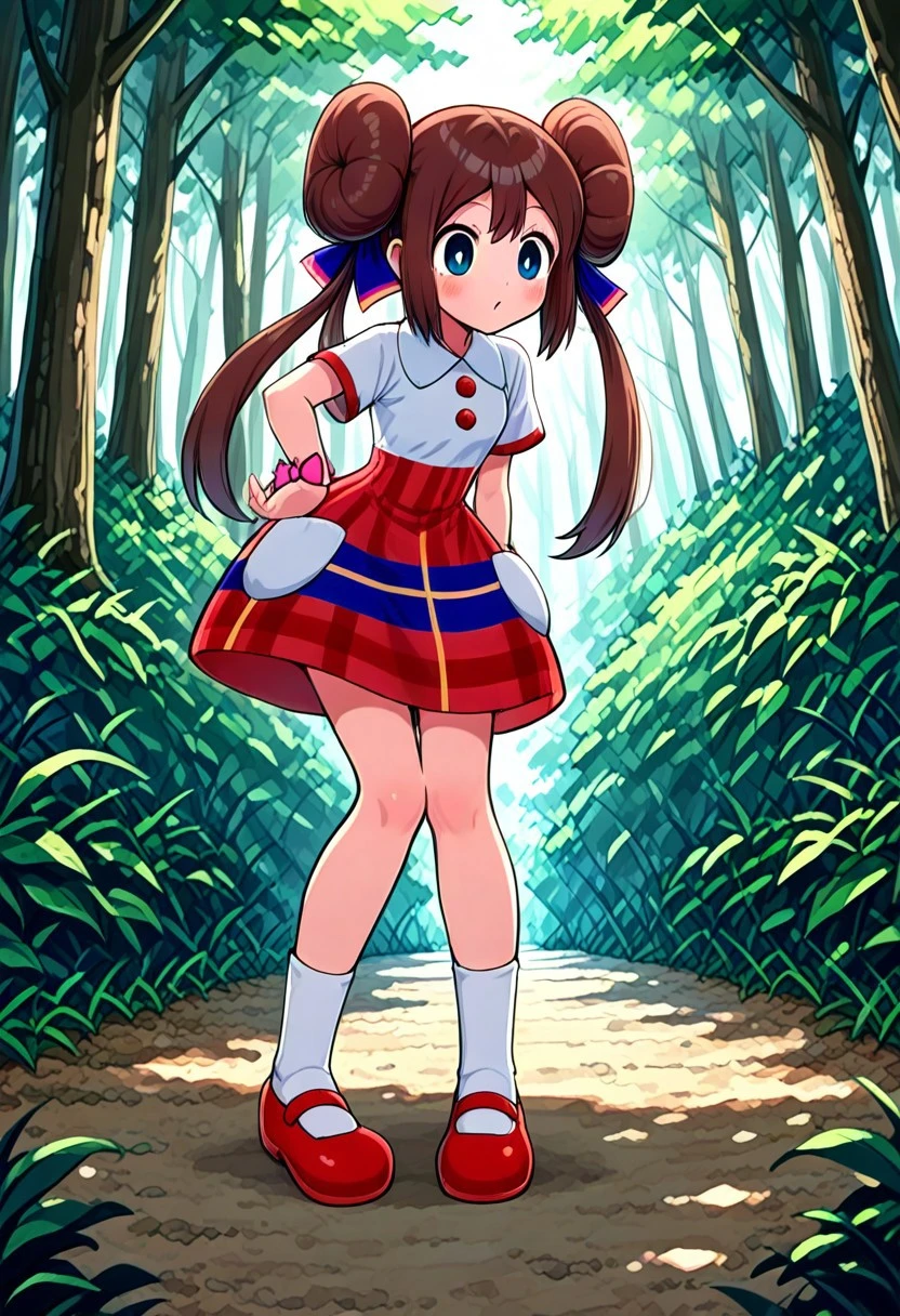 masterpiece, best quality, amazing quality, 1girl, solo, standing, woods, rosalnb, brown_hair, blue_eyes, hair_ribbon, double_bun, twintails, dress, collared_shirt, white_shirt, red_skirt, multicolored_clothes, short_sleeves, red_buttons, white_pockets, pink_bracelet, ribbon_bracelet, knees, white_socks, red_footwear, mary_janes