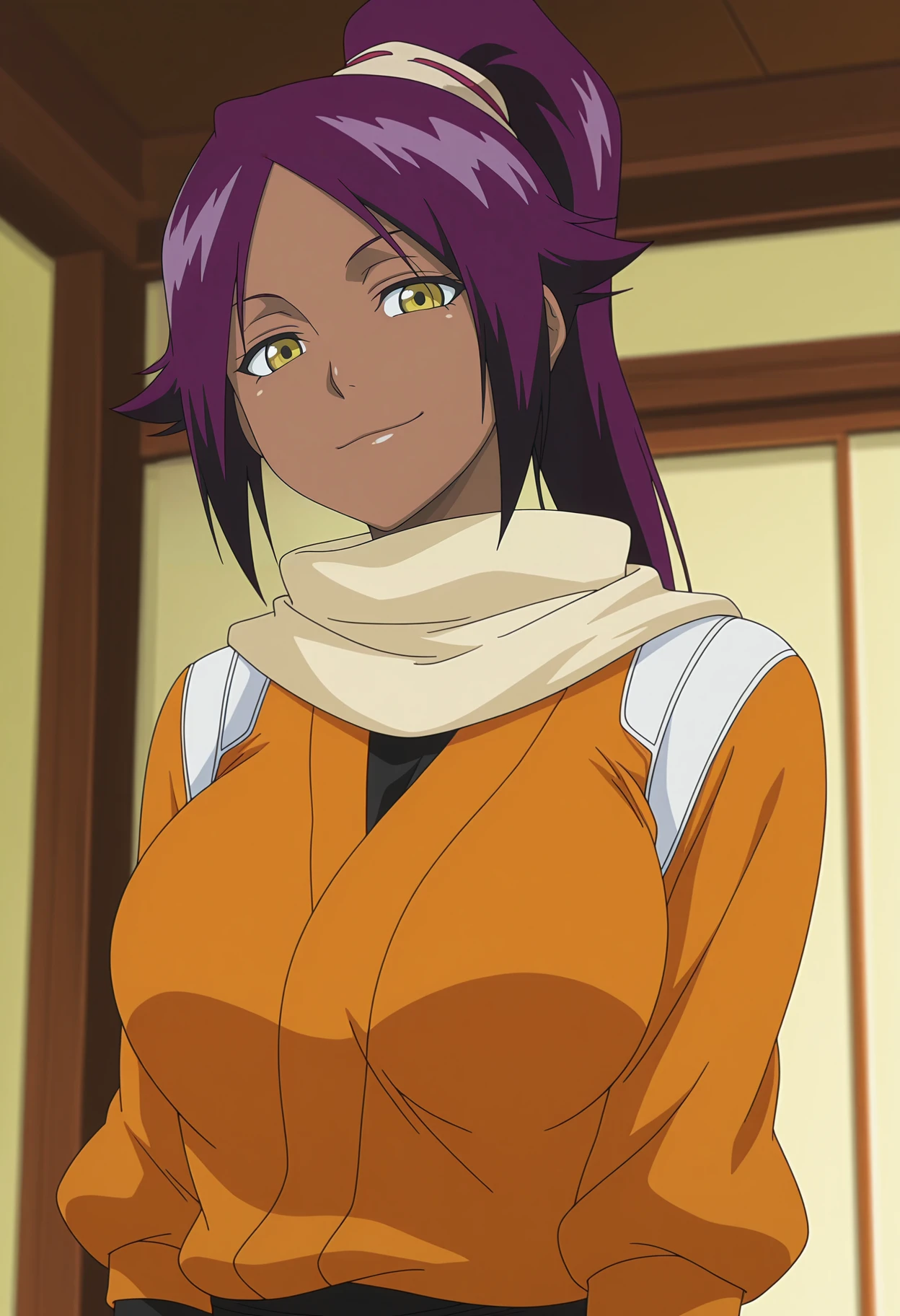 1girl,solo,mm,mature female,dark-skinned female,purple hair,yellow eyes,long hair,ponytail,large breasts,anime coloring,
orange jacket,scarf,upper body, looking at viewer, smile, indoors,
,masterpiece,best quality,amazing quality,<lora:Yoruichi_Shihouin-Bleach:0.8>