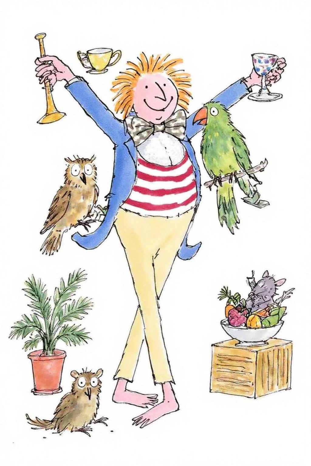 qub1 illustration.
A man is taking an ovation. He has a mop of unruly, orange hair and are dressed in a blue jacket, a striped shirt, and beige trousers. He is barefoot and holding a trumpet in one hand with a green parrot on his arm. He hold a teacup in the other hande. On the left side of the floor is a potted plant with an owl in front of it. On the right is a wooden crate with a bowl of frut and two rats on top of it. <lora:qub1_cap_d6a3e12:1.0><lora:826976484041189730:0>