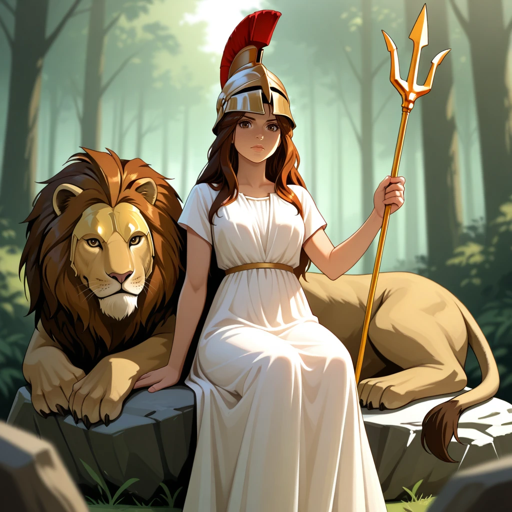 masterpiece, best quality, Britannia, 1girl, solo, brown hair, long hair, brown eyes, white dress, long dress, short sleeves, helmet, <lora:Goddess_britannia_illustrious_Leaf1:1>, holding trident, holding big shield, looking at viewer, forest, depth of field, sitting on rock, lion,
