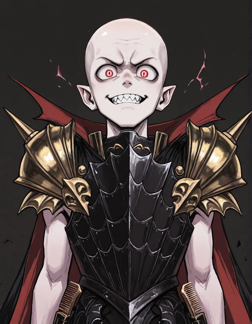 (2D,masterpiece,best quality,amazing quality,very aesthetic,high resolution,looking at viewer,ultra-detailed,1 boy,solo,source_anime,cute,lovely,Simple black background),Mannfred von Carstein,vampire,bare arms,armor,gold shoulder armor,cape,black aura,bald,pale skin,glowing red eyes,short_pointy_ears,spike,fang,Sharp Teeth,comb one's hair,<lora:Mannfred_von_Carstein:1>, <lora:ValbunStyle-IL:0.5>