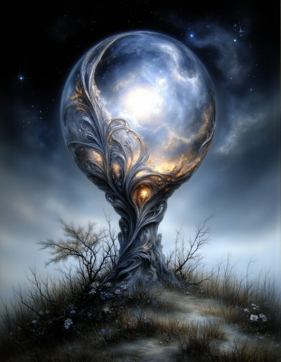 Ethereal Gothic Elegance, The image is a digital art piece that appears to be a surreal landscape with a large spherical object in the center. The object is made up of a series of curved lines and curves that create a wave-like pattern. The lines are silver in color and appear to be glowing giving the impression of a glowing light. The background is dark and cloudy with a hint of blue and white. The overall mood of the image is mysterious and ethereal. The object is surrounded by a field of tall grass and shrubs with small white flowers scattered throughout. The sky is filled with stars and a nebula creating a sense of depth and mystery. The colors are mostly blue and gray with hints of white and yellow giving it a dreamlike quality. Overall the image has a surreal and dreamlike feel to it., mushroom, no humans, tree, outdoors, scenery, glowing, flower, sky, cloud, fantasy
