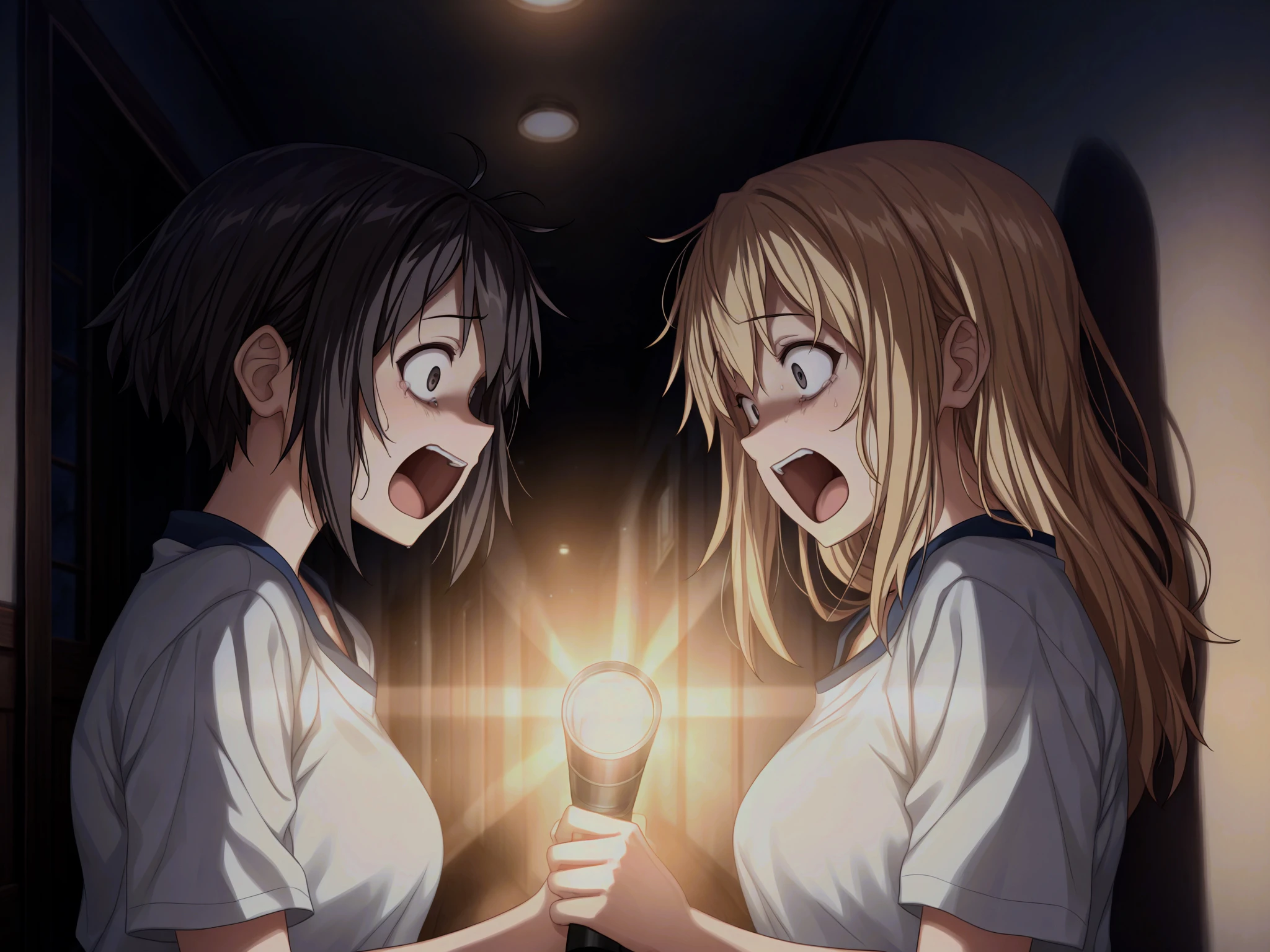 masterpiece,best quality,amazing quality, BaseStyle-IllustriousV5,
<lora:Dramatic Lighting Slider:2.5>
<lora:HdrTestV0A:1> hdr,
dim lighting, darkness, night,
2girls, looking at another, holding flashlight, flashlight beam, hallway, facing another, from side, surprised, underlighting, screaming,
<lora:TerrifiedV12IllustriousXL:1> terrified, TerrifiedV11IllustriousXL,