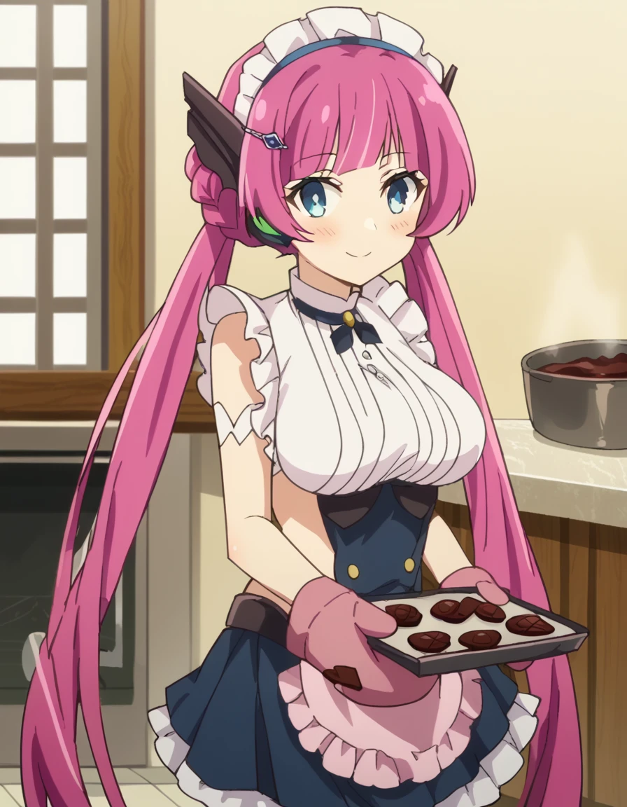 score_9, score_8_up, score_7_up, source_anime, <lora:maou-rose-s2-ponyxl-lora-nochekaiser:1>, rose, long hair, bangs, blue eyes, hair ornament, twintails, very long hair, pink hair, large breasts, anime screencap, <lora:baking-cookies-ponyxl-lora-nochekaiser:1>, baking cookies, looking at viewer, blush, smile, gloves, holding, frills, food, indoors, apron, chocolate, cookie, oven mitts,, , cowboy shot, solo