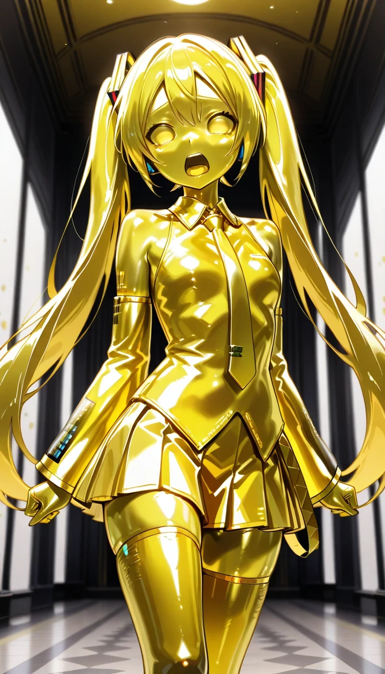 masterpiece, best quality, newest, absurdres, yellow eyes, yellow hair, yellow sclera, yellow tongue, no pupils, yellow skin, shiny skin, metal skin, 1girl, solo, Hatsune Miku, collared shirt, yellow necktie, yellow detached sleeves, yellow skirt, yellow thighhighs, cowboy shot, standing, dynamic, looking at viewer, scared, screaming, indoors, museum