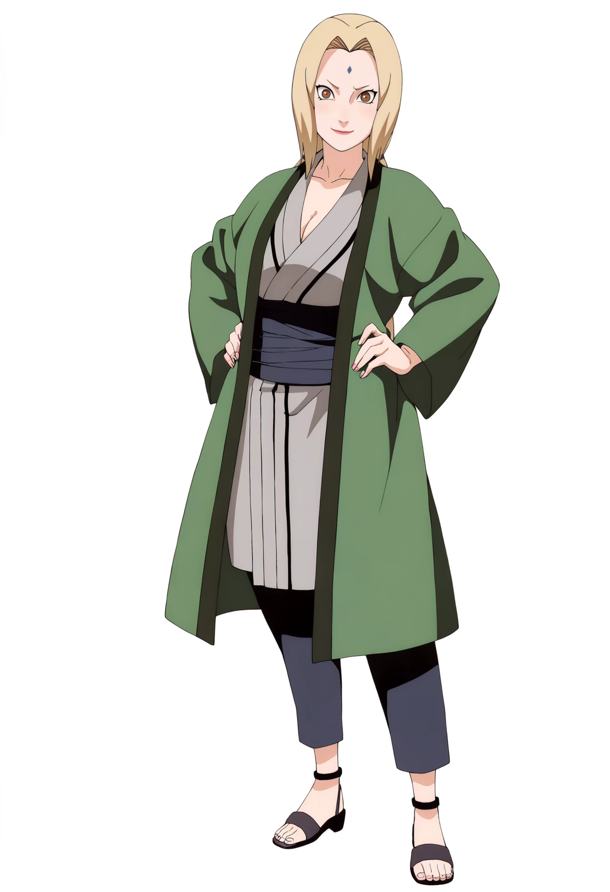 masterpiece, best quality, very aesthetic, absurdres,
1girl, tsunade, blonde hair, long hair, brown eyes,
forehead mark,
haori, grey kimono, sash, collarbone, mature female, pants, sandals,
large breasts, cleavage,
standing, full body, hands on hips,
looking at viewer, (solo:1.3), smile, simple background, white background, <lora:TsunadeNoobXL_byKonan:1>