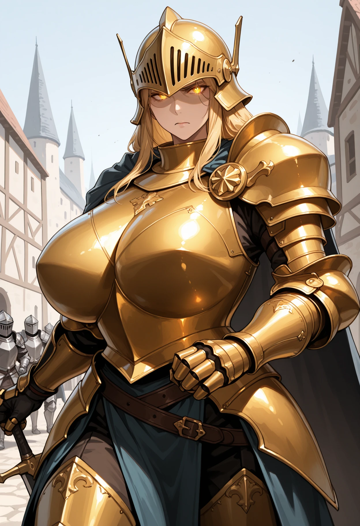 masterpiece, best quality, ultra detailed, very aesthetic, absurdres, newest, shaded, digital media \(artwork\), solo, 1girl, mature female, older, motherly, ara ara, huge breasts, blonde hair, glowing eyes, full armor, golden armor, helmet, knight, breastplate, cape, gauntlet, pauldron, fauld, cowboy shot, fantasy, medieval city, fighting stance, serious