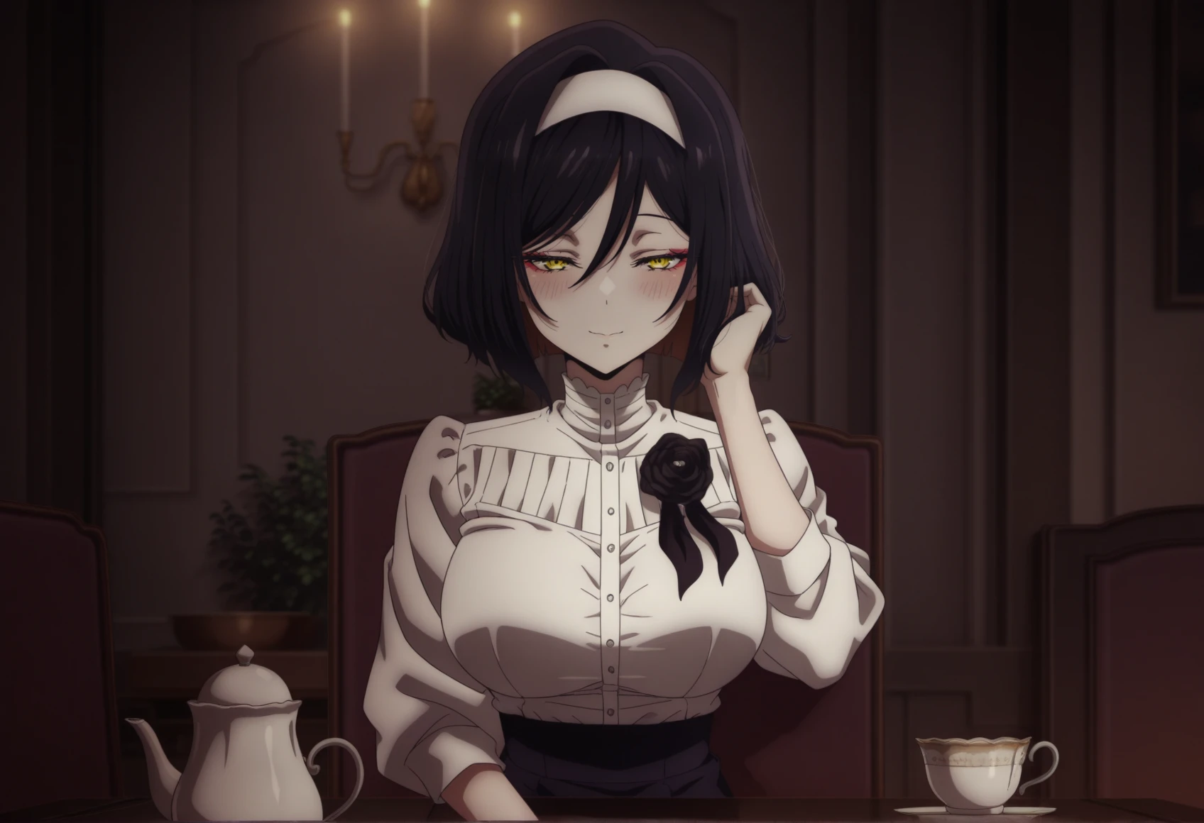 anime screencap, anime screenshot, 1girl, solo, short hair, colored inner hair, yellow eyes, hairband, eyeliner, white blouse, rose, indoors, sitting, chair, table, teapot, cup, light smile, half-closed eyes, looking at viewer, big breasts, hand on hair, blush, upper body <lora:Linaris_Ishura:1>, masterpiece, best quality, amazing quality, very aesthetic, absurdres, highres, newest