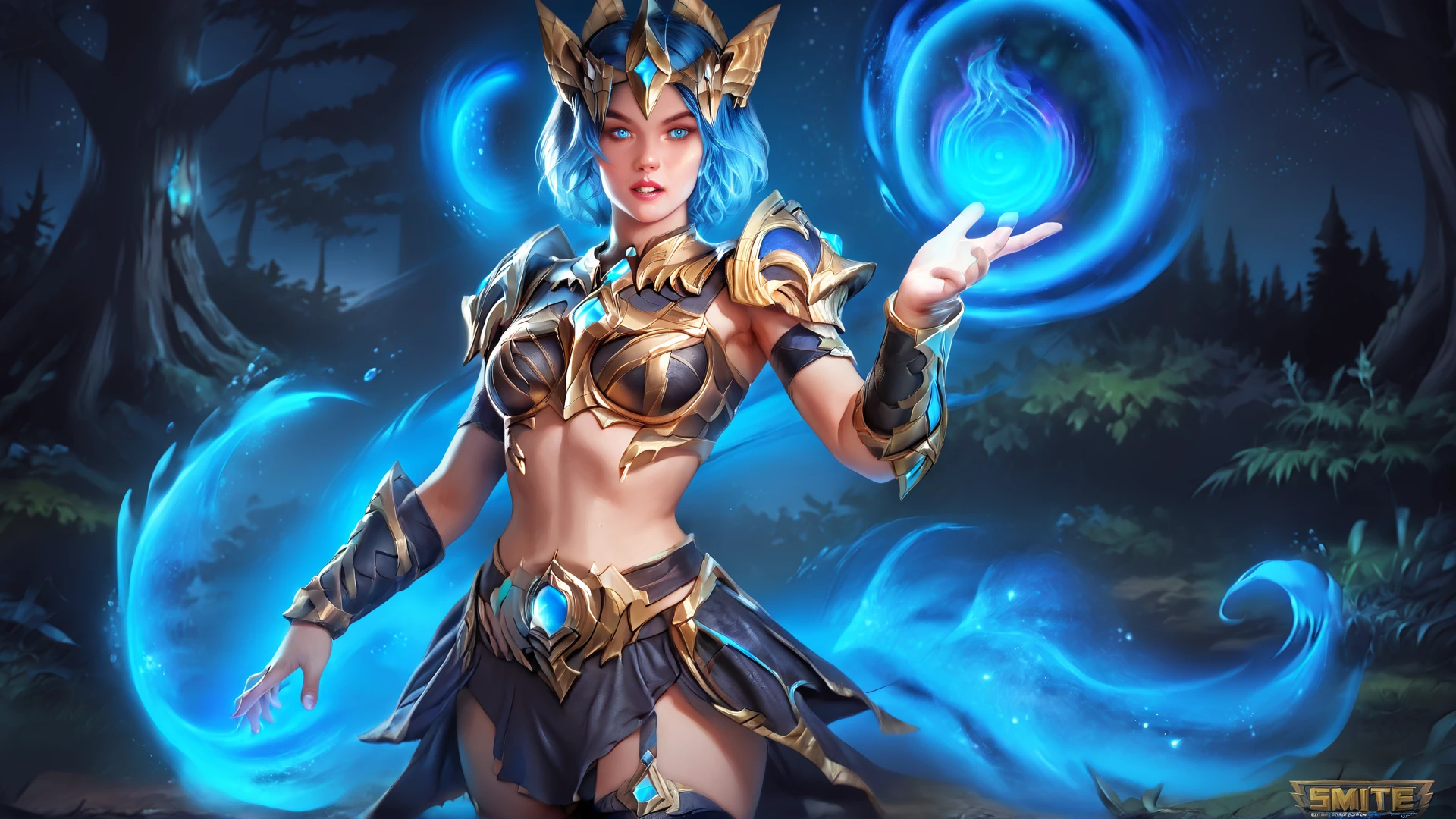 smitesplashart, 1girl, glowing, armor,masterpiece, 8k , sidelighting, finely detailed beautiful eyes: 1.2,(perfect eyes:1.2), glowing blue eyes, outdoors, breasts, teeth, thighhighs, forest, starry sky, nature, hair ornament, little mountain, realistic perspective, blue hair, dynamic pose <lora:anatomy_helper:0.8> black attire, black clothing <lora:Smite_Splash_Art_Style_v2:1> (looking at viewer) <lora:realistic_pony:1> <lora:lora_eyes_V2_ponyxl:0.5>