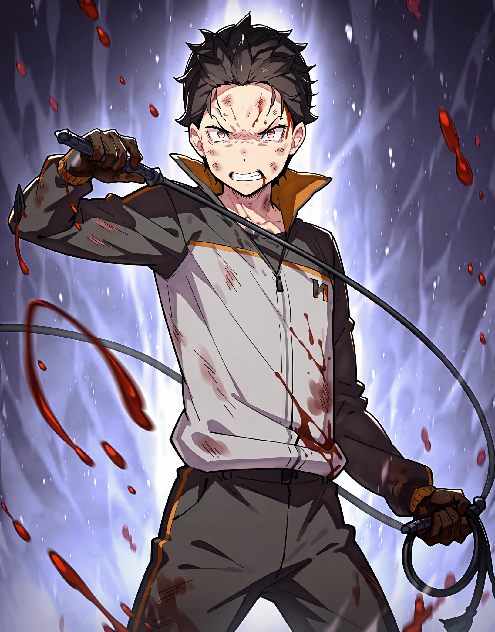 masterpiece, perfect quality, best quality, absolutely eye-catching, absurdres, highres, newest, <lora:ootsukashinichiroustyleIllustriousXL:1>, 1boy, natsuki subaru, cowboy shot, standing, blood, angry, injury, holding whip, jumpsuit,