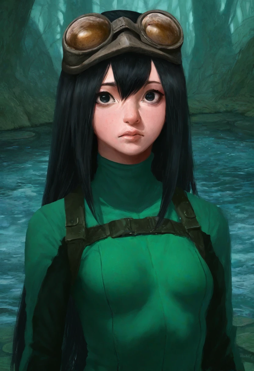 manzaneedostyle, masterpiece, dark_fantasy, hyper_realistic, painting, best quality, solo, detailed face, detailed eyes, , Tsuyu Asui, detailed face, detailed eyes, textured, water pond background, sultry, big eyes, black hair, GREEN BODYSUIT, GOGGLES, small breasts,