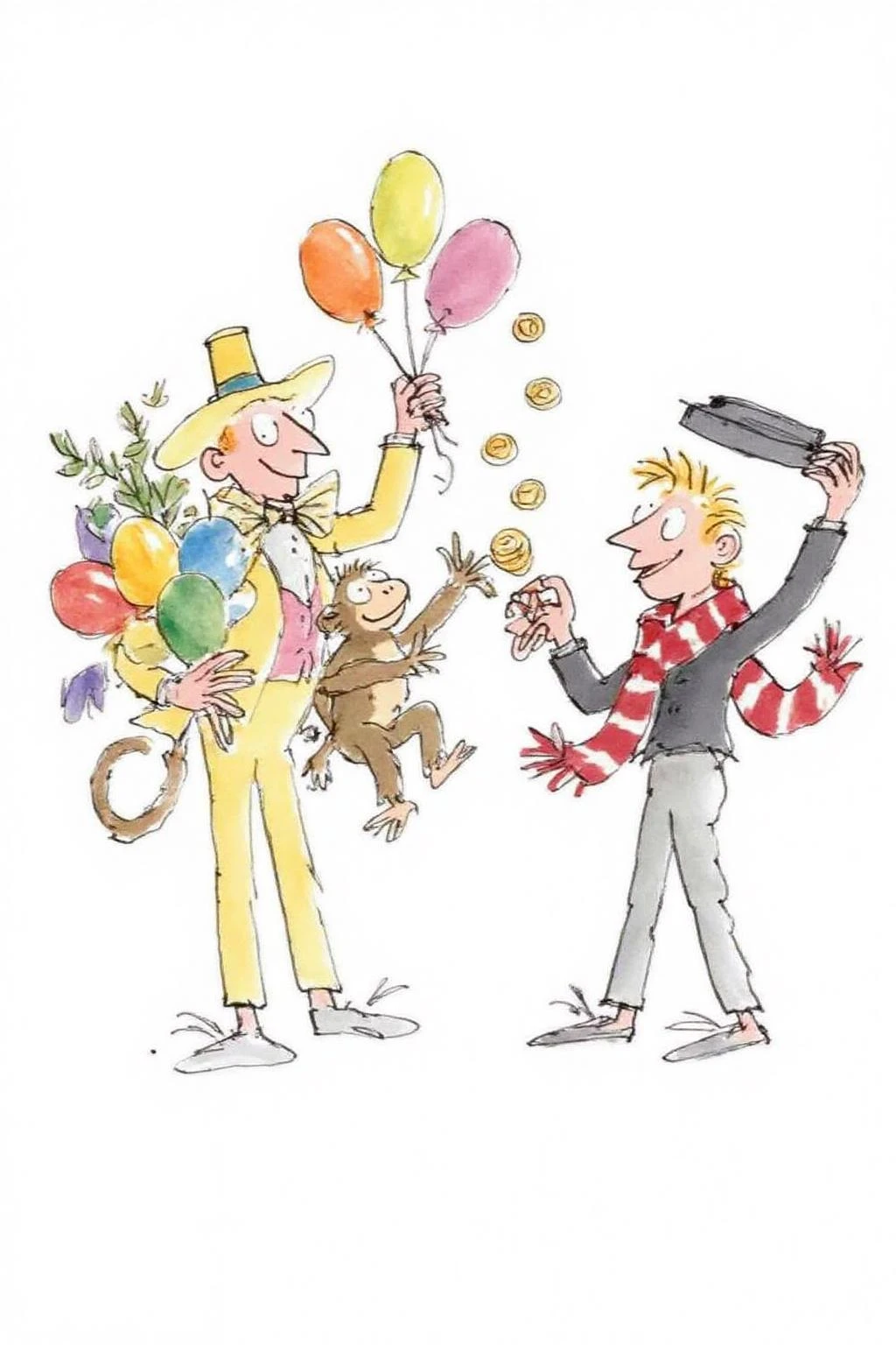 qub1 illustration.
On the left, a man dressed in a bright yellow outfit with a large, wide-brimmed yellow hat is holding a bouquet of balloons in the same bright yellow color. He is smiling and handing a small, playful monkey perched on his shoulder a balloon. The man is giving some coins to another man on the right. The man on the right is wearing a black shirt and red scarfs. He is holding his black hat above his head. <lora:qub1_cap_d6a3e12:1.0><lora:826962181800323245:0>