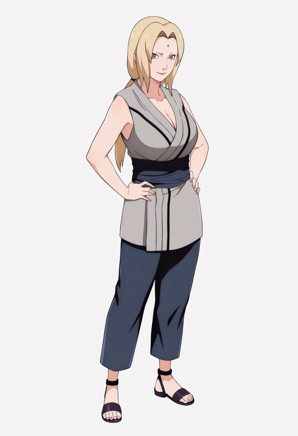 masterpiece, best quality, very aesthetic, absurdres,
1girl, tsunade, blonde hair, long hair, brown eyes,
forehead mark,
grey kimono, sleeveless, sash, collarbone, mature female, pants, sandals,
large breasts, cleavage,
standing, full body, hands on hips,
looking at viewer, (solo:1.3), smile, simple background, white background, <lora:TsunadeNoobXL_byKonan:1>