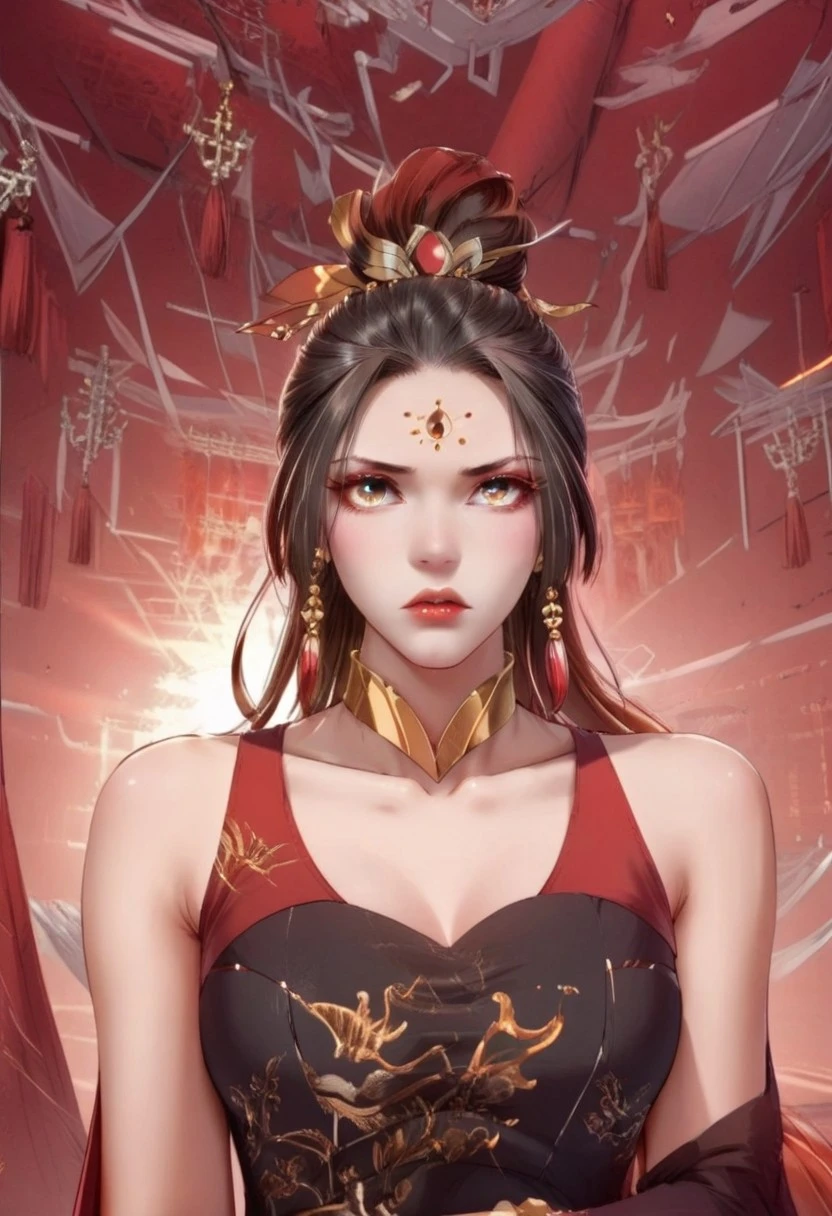 realistic, red and gold accents, high-slit, sleeveless, arm-length black gloves with gold trim, thigh-high black stockings with ornate golden details, golden choker necklace, red gemstone earrings, hair tied up with a silver bow accessory, wuxia and fantasy, ancient china, Peacock, detail face, detail hand