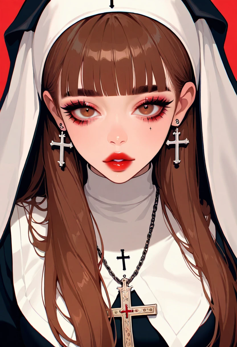 artist_moriimee,very awa,masterpiece,best quality,year 2024,newest,highres,absurdres,1girl, jewelry, cross, red background, solo, earrings, necklace, long hair, brown hair, simple background, parted lips, bangs, nun, lips, cross necklace, cross earrings, upper body, looking at viewer, red lips, thick eyebrows, brown eyes, makeup, blunt bangs, eyelashes, latin cross,gothic,goth fashion,
<lora:moriimee style-noob-V1:0.8>
