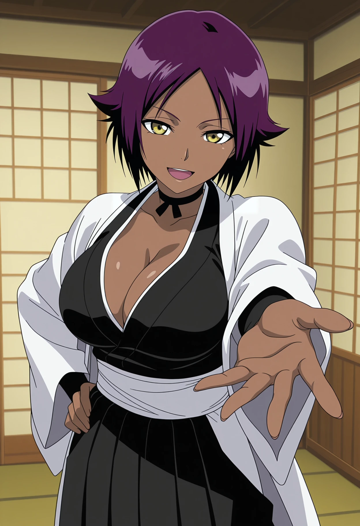 1girl,solo,mm,mature female,dark-skinned female,purple hair,yellow eyes,short hair,large breasts,anime coloring,
japanese clothes,black kimono,white haori, choker, black hakama, cleavage,hand on own hip,outstretched arm, looking at viewer, smile,open mouth, indoors,cowboy shot, standing
,masterpiece,best quality,amazing quality,<lora:Yoruichi_Shihouin-Bleach:0.8>