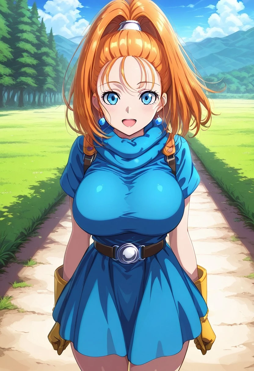 Best quality,masterpiece,soft light,official art,masterpiece,high quality,highres,absurdres,best quality,epic scene,natural textures,easynegative,Erotic_style,eye shape,hair and skin color,light source,navel,straight-on,
cowboy shot, outdoors, 1girl,solo,smile,noon,open mouth,looking at viewer,
Ashlynn,orange hair, long_hair, high ponytail, huge_breasts, blue_eyes,dress,