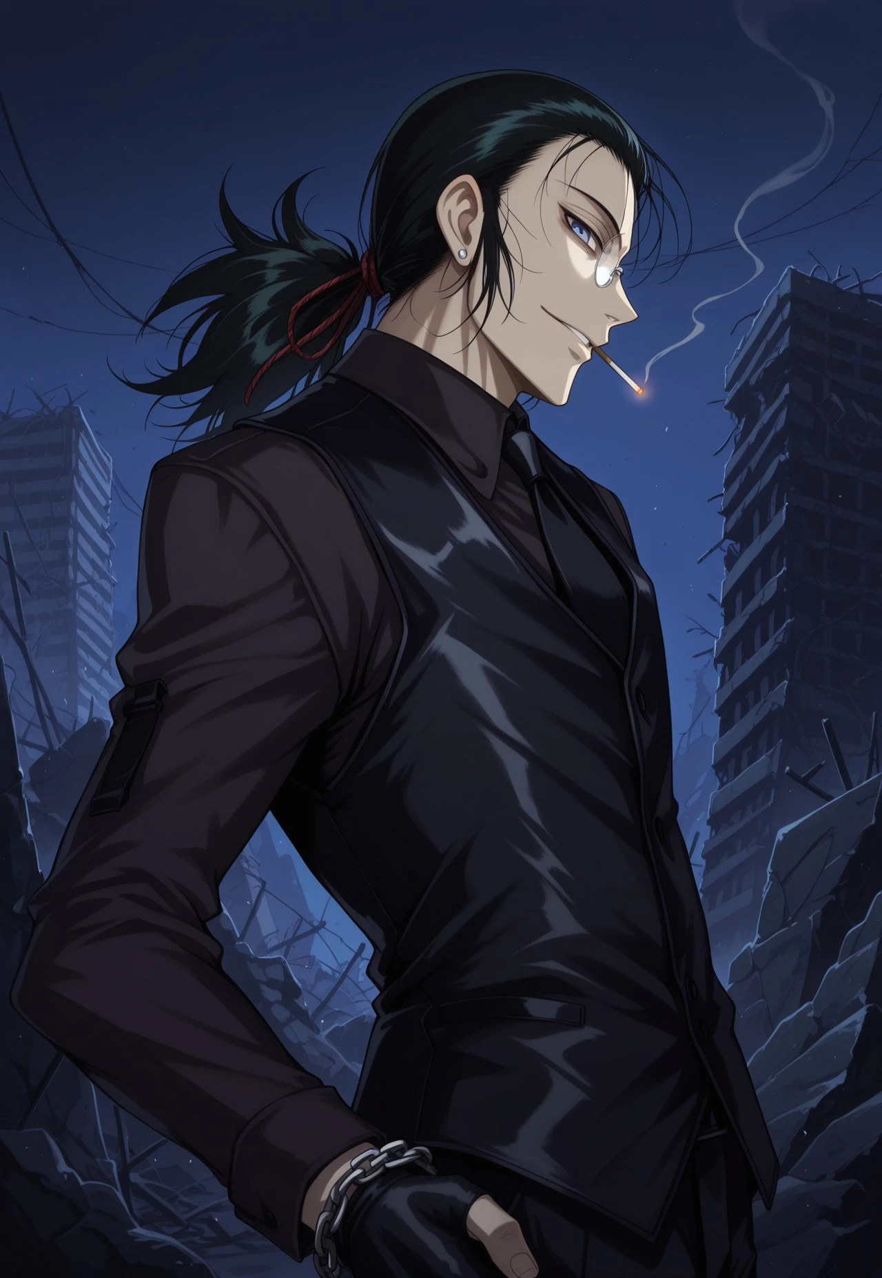 safe_pos, score_9, score_8_up, score_7_up, masterpiece, best quality, amazing quality, DarkWalter, solo, 1boy, male, black hair, ponytail, hair pulled back, hair ribbon, blue eyes, monocle, round eyewear, black shirt, black vest, black necktie, black gloves, fingerless gloves, chain bracelet, cigarette, mouth hold, smoking, smoke, looking at viewer, smirk, night, dark, ruins, three quarter view, profile