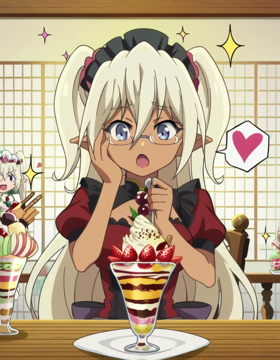 score_9, score_8_up, score_7_up, source_anime, <lora:edelgard-s2-ponyxl-lora-nochekaiser:1>, edelgard, long hair, blue eyes, blonde hair, twintails, medium breasts, glasses, pointy ears, dark skin, dark-skinned female, anime screencap, <lora:parfait-ponyxl-lora-nochekaiser:1>, parfait, open mouth, heart, food, sparkle, fruit, happy, hand on own face, spoken heart, ice cream, strawberry, spoon, hand on own cheek, cherry, holding spoon,, , cowboy shot, solo