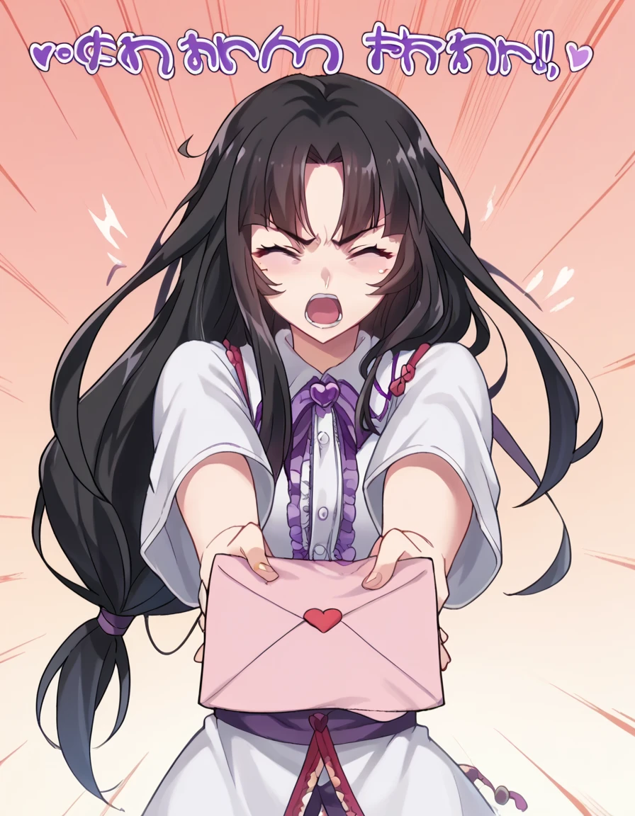 score_9, score_8_up, score_7_up, source_anime, <lora:queens-blade-tomoe-s1-ponyxl-lora-nochekaiser:1>, tomoe, long hair, large breasts, black hair, purple eyes, low-tied long hair, anime screencap, <lora:love-letter-ponyxl-lora-nochekaiser:1>, love letter, heart, valentine, letter, confession, incoming gift, outstretched arms, closed eyes, shouting,, , cowboy shot, solo