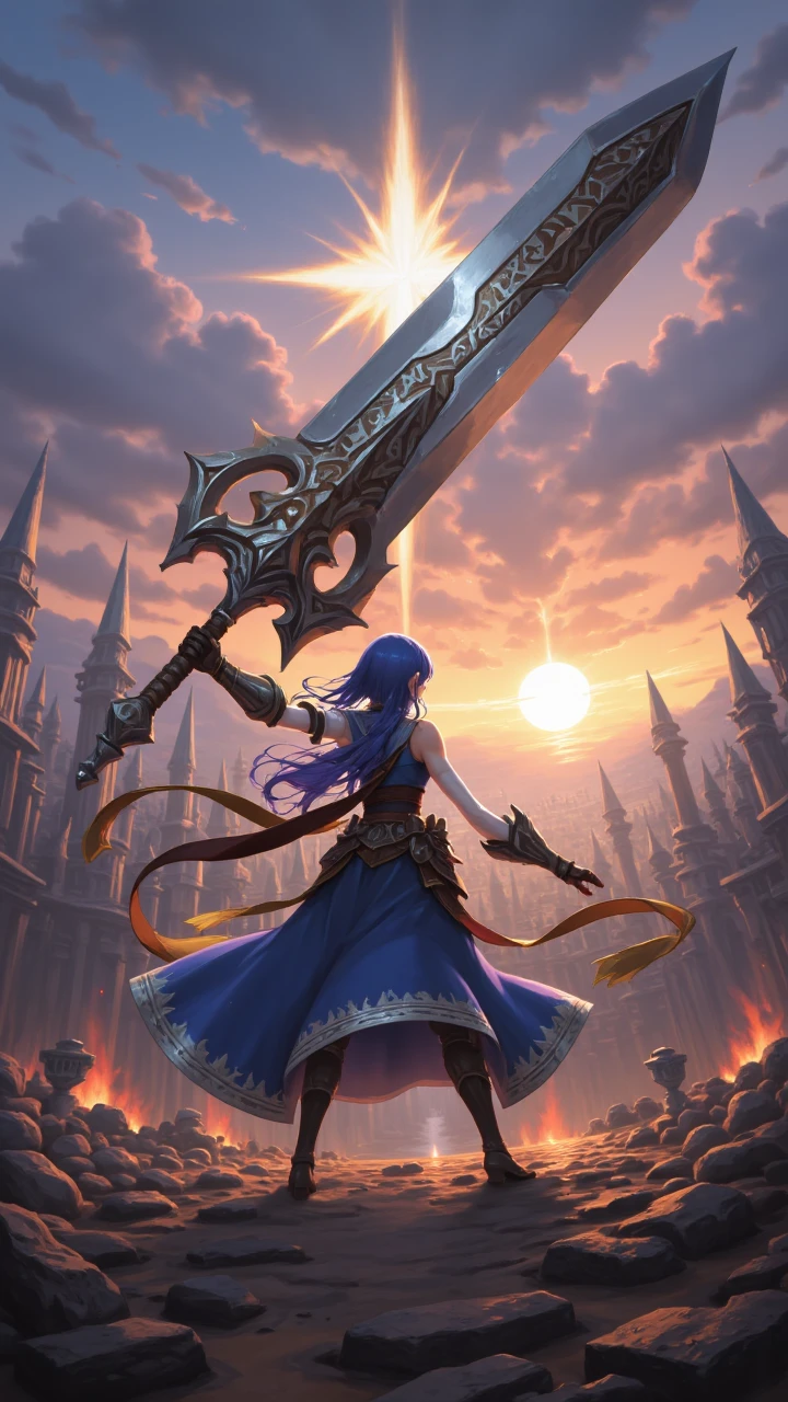 A heroic anime guardian brandishing a legendary, rune-etched sword is depicted in a cinematic wide-angle view that captures the vast, mythical battlefield and the energy of impending battle. , aidmaillustrious