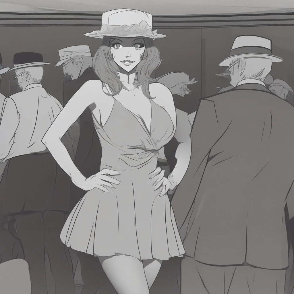 bottomless, table, hat, greyscale, facial hair, hand on hip, pantyhose, blush, dress