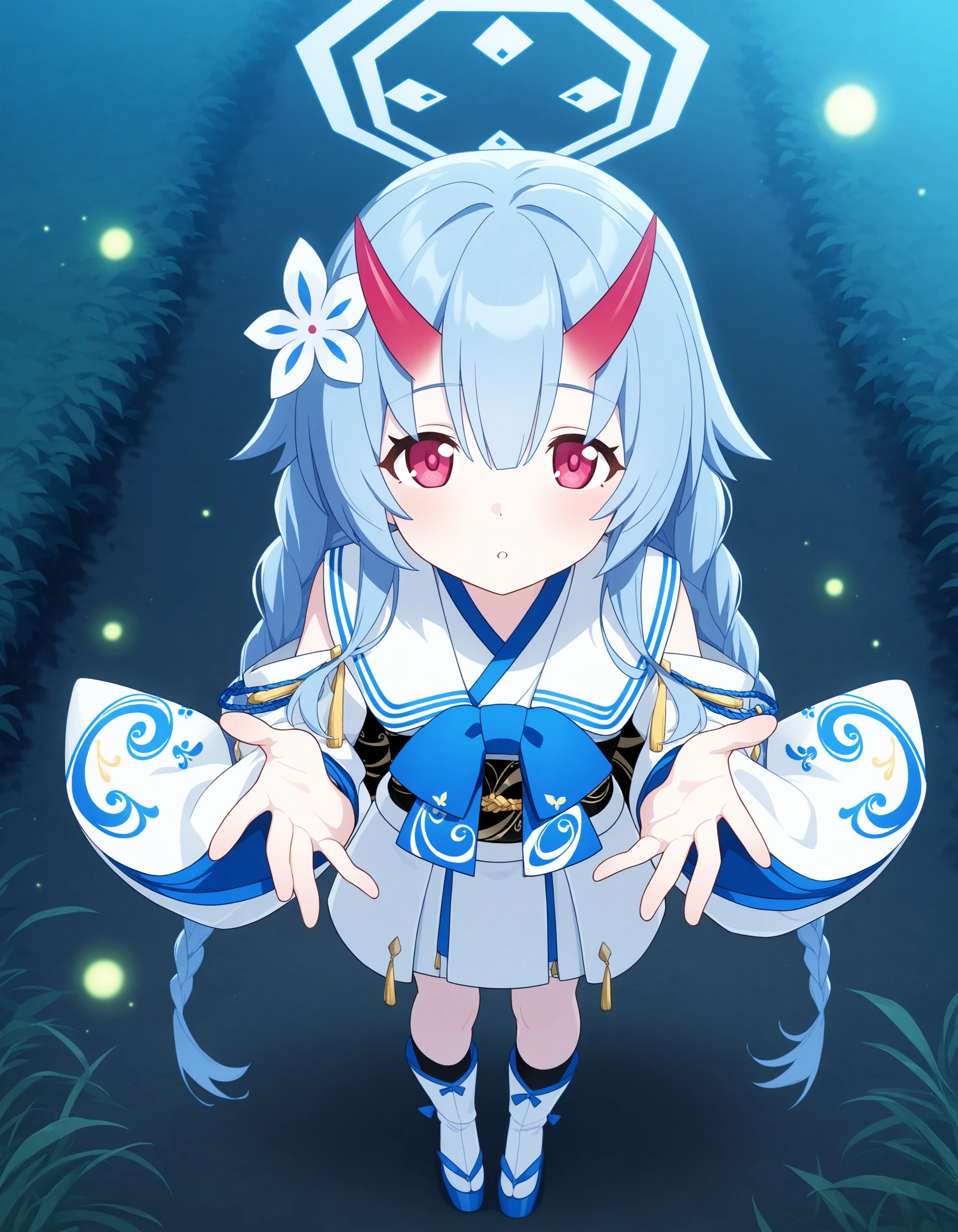 absurdres,highres,masterpiece,best quality,amazing quality,official anime artwork,outdoors,
night,standing,reaching out,dynamic pose,fireflies,
from above,full body,
BREAK <lora:Chise_BA_illuV01_b3g2c08:1:1:lbw=1,1,1,1,1,1,1,1,1,1,0,0>,Chise_BA,
blue hair,very long hair,twin braids,very long braids,sidelocks,hair between eyes,hair flower,white flower,red eyes,
red gradient oni horns,blue octagon halo,blue bowtie,print bowtie,
white sailor collar,blue trim on collar,blue lapels,japanese clothes,white kimono,detached sleeves,black bridal gauntlets,
white long sleeves,wide sleeves,layered sleeves,print sleeves,floral print,blue ribbon,
black obi,
black back bow,
white pleated skirt,yellow tassel,
black socks,white tabi,ribbon-trimmed tabi,okobo,