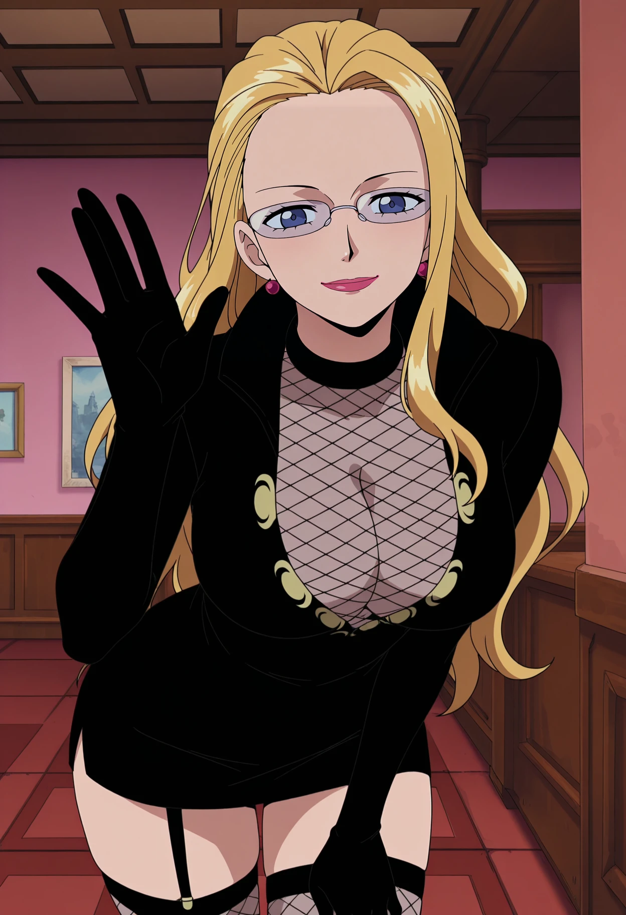 1girl, kalifaop, kalifa_\(one_piece\), blonde_hair, bikini, frilled_bikini, huge_breasts, glasses, standing, smile, brown_eyes, purple_eyes, bedroom, garter_straps, lips, choker, cowboy_shot, long_sleeves, thick_thighs, skindentation, adjusting_eyewear, <lora:KalifaOP:0.69>