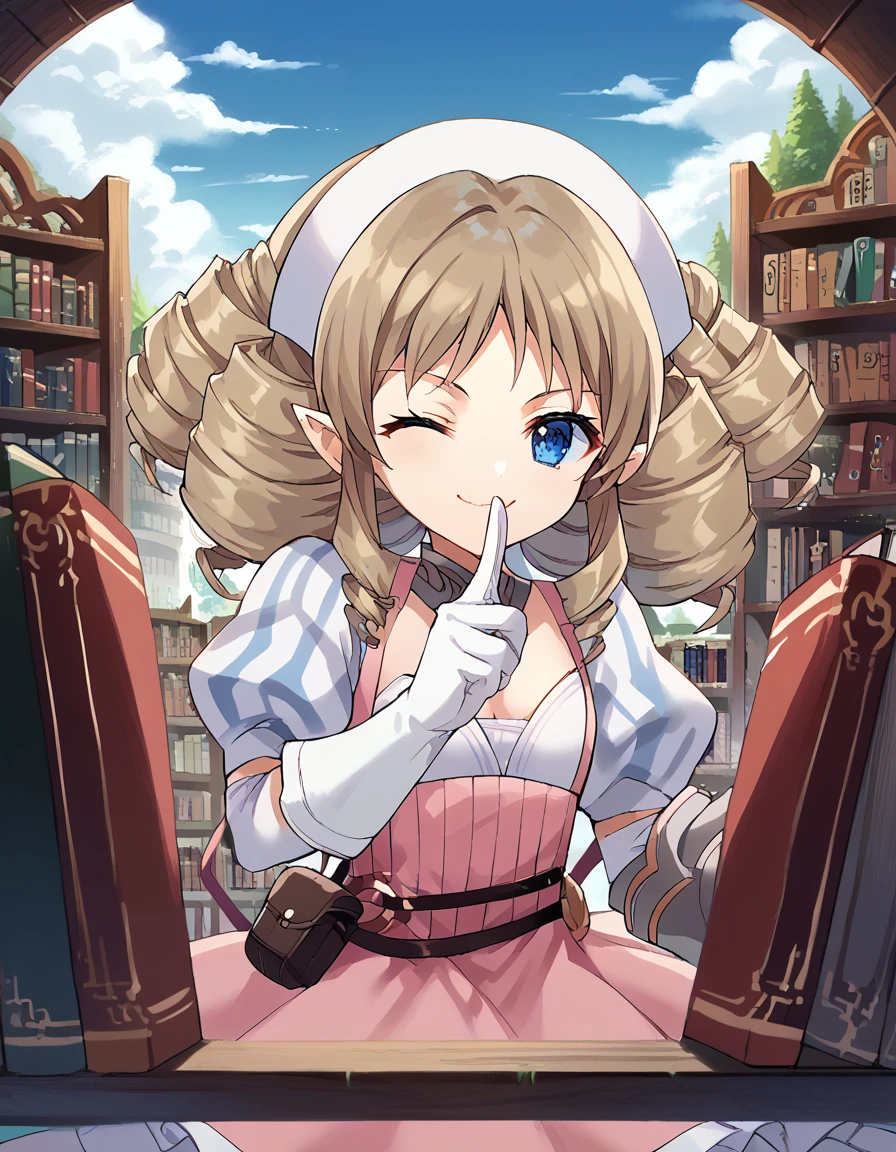 score_9, score_8_up, score_7_up, source_anime, <lora:queens-blade-ymir-s1-ponyxl-lora-nochekaiser:1>, ymir, blue eyes, brown hair, hairband, pointy ears, drill hair,, thighhighs, gloves, dress, frills, elbow gloves, armor, gauntlets, armored dress,, floating island, sky, clouds, greenery, magical, smile, <lora:bookshelf-pov-ponyxl-lora-nochekaiser:1> bookshelf pov, bookshelf, book, too many books, one eye closed, <lora:shushing-ponyxl-lora-nochekaiser:1>, shushing, finger to mouth, index finger raised,, looking at viewer, solo,, cowboy shot, solo