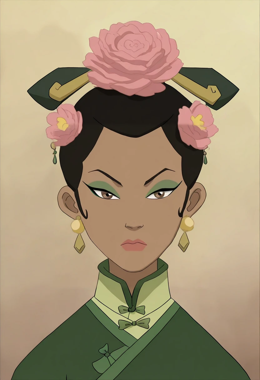 In the Avatar Animation style, 1girl, solo, looking at viewer, black hair, hair ornament, brown eyes, jewelry, closed mouth, flower, earrings, hair flower, makeup, chinese clothes, portrait, pink flower, eyeshadow,
<lora:Avatar-Anime-Style2:1>,