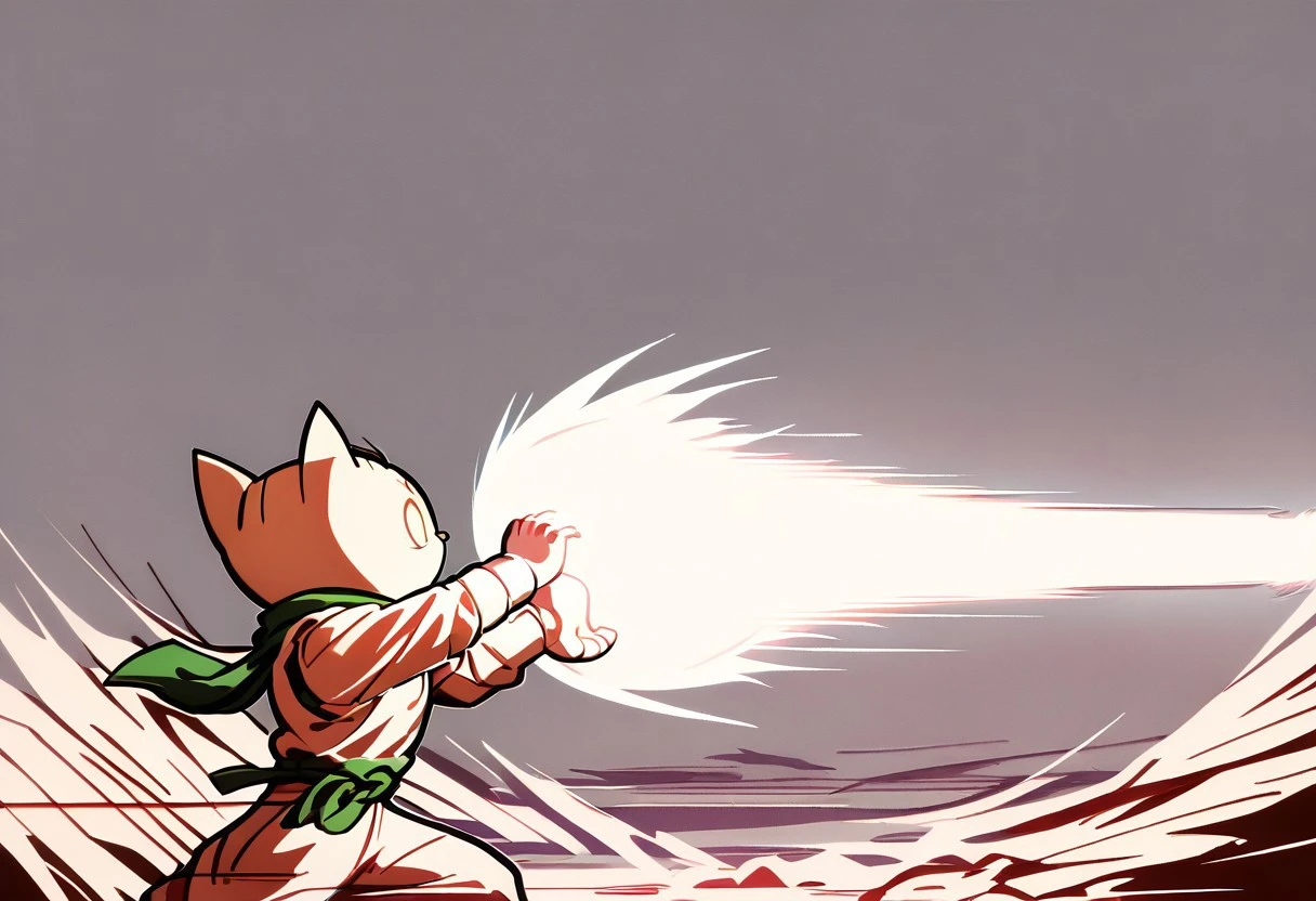 score_9, score_8_up, score_7_up, side view, long shot, profile view,
, masterpiece, beautiful,1 girl, 1 male,Kamehameha-Trow,outstrecthed arms,claw gesture,SHARP laser beam, energy beam out of hands moving forward,TherisDoki, Cat Boy, furry, cute, chibi, cat ears, animal nose, o o,green scarf,