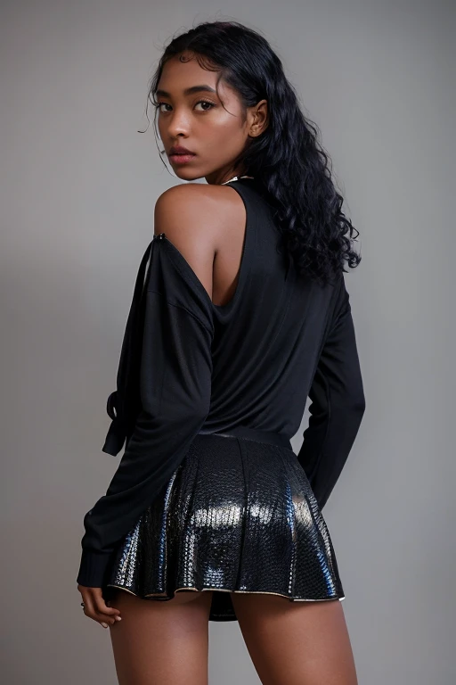 breathtaking tie-front cardigan with a skater skirt and ballet flats a breathtaking fashion photo of a classy woman, <lora:BarbieRous:1>, 1girl, solo, dark skin, dark-skinned female, long black hair, curly hair, realistic, very dark skin, shot on ALEXA 65, simple background, white background, upper body, posing, style of Tyler Shields:1, official balmain editorial:1, (masterpiece)) 8K, enhanced contrast,, detailed skin texture, (blush:0.5), (goosebumps:0.5), subsurface scattering, masterpiece, award-winning, professional, highly detailed, RAW candid cinema, 16mm, color graded portra 400 film, remarkable color, ultra realistic, textured skin, remarkable detailed pupils, realistic dull skin noise, visible skin detail, skin fuzz, dry skin, shot with cinematic camera . High dynamic range, vivid, rich details, clear shadows and highlights, realistic, intense, enhanced contrast, highly detailed, masterpiece, award-winning, professional, highly detailed