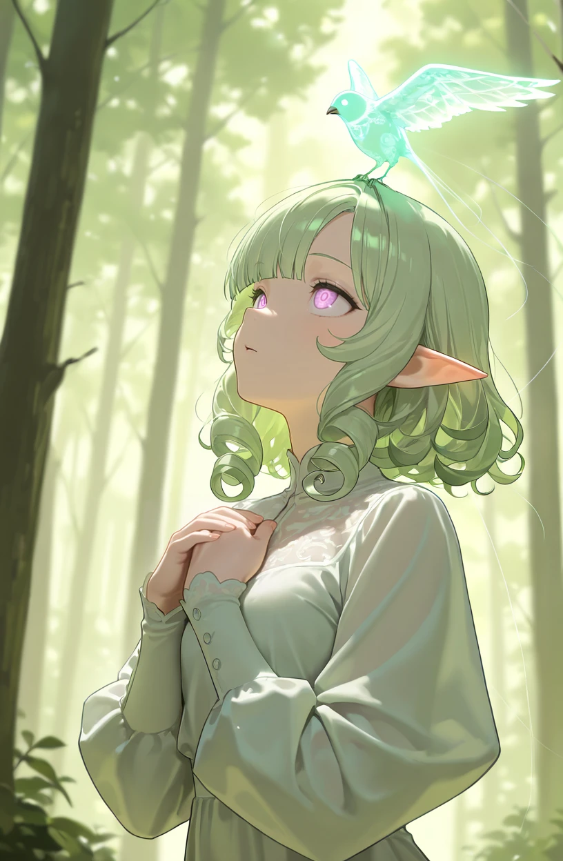 masterpiece, best quality, amazing quality, very aesthetic, newest, absurdres,
1girl, solo,
pale green hair, light purple eyes, (curly hair:1.3), (curly sidelocks:1.2), medium hair, straight bangs, asymmetrical bangs, pointy ears, elf,
<lora:StringBirdIllustriousV1:1> string bird, creature, green bird, glowing,
forest, look up, own hands together, hands on own chest,