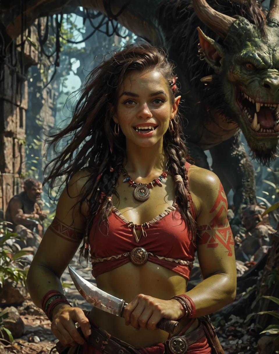 <lora:Hyper-SDXL-8steps-CFG-lora:0.4> <lora:Sinfully_Stylish_dramitic_bold_lighting:0.3> no humans, dungeons and dragons, greathunt, wild, ((red tribal tattoo)), ((troll, orc)), vibrant colors, feminine, female, long hair, wind, irish, amateur, Zarya Shagzack, cowboy shot, (holding (knife)), ((green skin)), dark skin, dark green skin, athletic, groundhog, realistic, ((fangs)), upper body, score_9, score_8_up, score_7_up, score_6_up, score_5_up, score_4_up, looking at viewer, dreadlocks:0.3, single braid, hair ornamentation, excited, ((large feral black dragon in background)), ruins, jungle, hand, godrays, daylight, blue sky