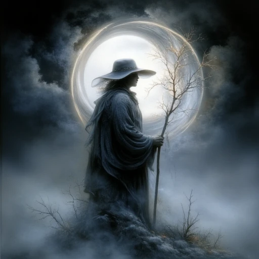Ethereal Gothic Elegance, The image is a digital art piece that appears to be a fantasy or sci-fi scene. It shows a person standing in a foggy landscape with a large circular halo in the background. The person is wearing a long dark cloak and a hat and is holding a long staff in their right hand. The cloak is draped over their body and their left hand is resting on their hip. The halo is made up of a series of curved lines that form a circle around the person's head creating a sense of depth and dimension. The background is filled with dark clouds and fog giving the image a mysterious and eerie feel. The overall mood of the image is dark and ominous., moon, solo, hat, staff, holding, 1boy, holding staff, tree, male focus, bare tree