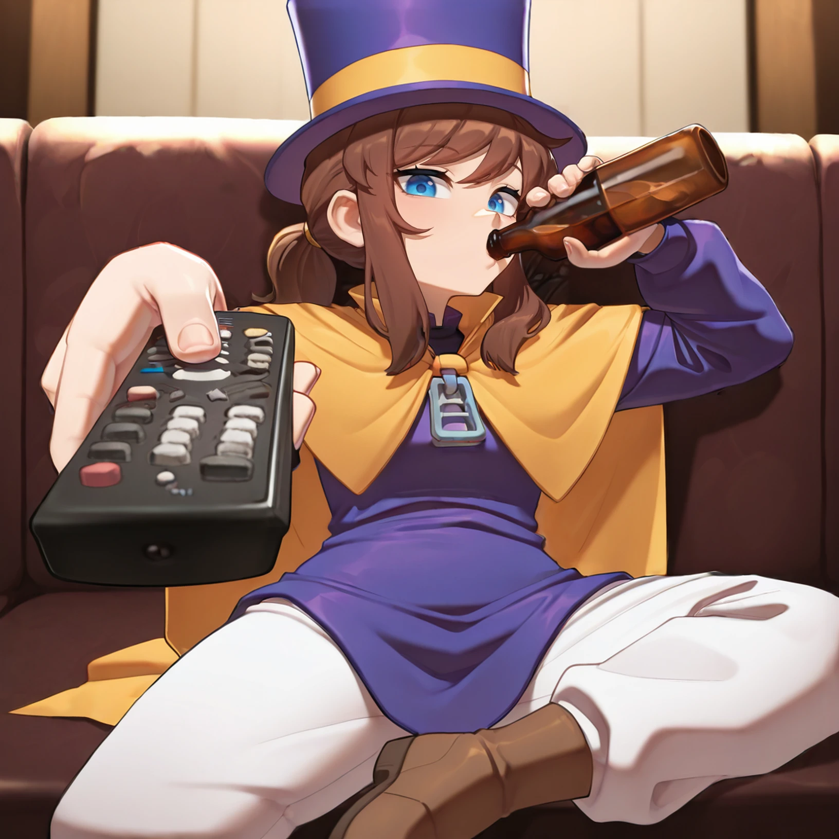 masterpiece,best quality,absurdres,highres,<lora:AHK:1>,
1girl,solo,ccgirl,brown hair,sidelocks,short ponytail,blue eyes,
purple top hat,purple jacket,yellow cape,zipper pull tab,white pants,brown footwear,<lora:ManWatchingTVMeme_illusXLNoobAI_Incrs_v1:1>,sitting,holding bottle,holding remote control,controller,on couch,drinking,looking at viewer,food,