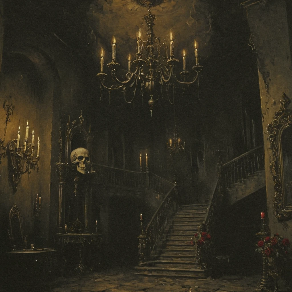 dark fantasy art style, a painting of ornate dark gothic interior with large head skulls, roses, and candelabras. A large, decaying chandelier hangs from the ceiling. Candlelight illuminates a distant staircase, atmospheric lighting, grainy, painterly texture