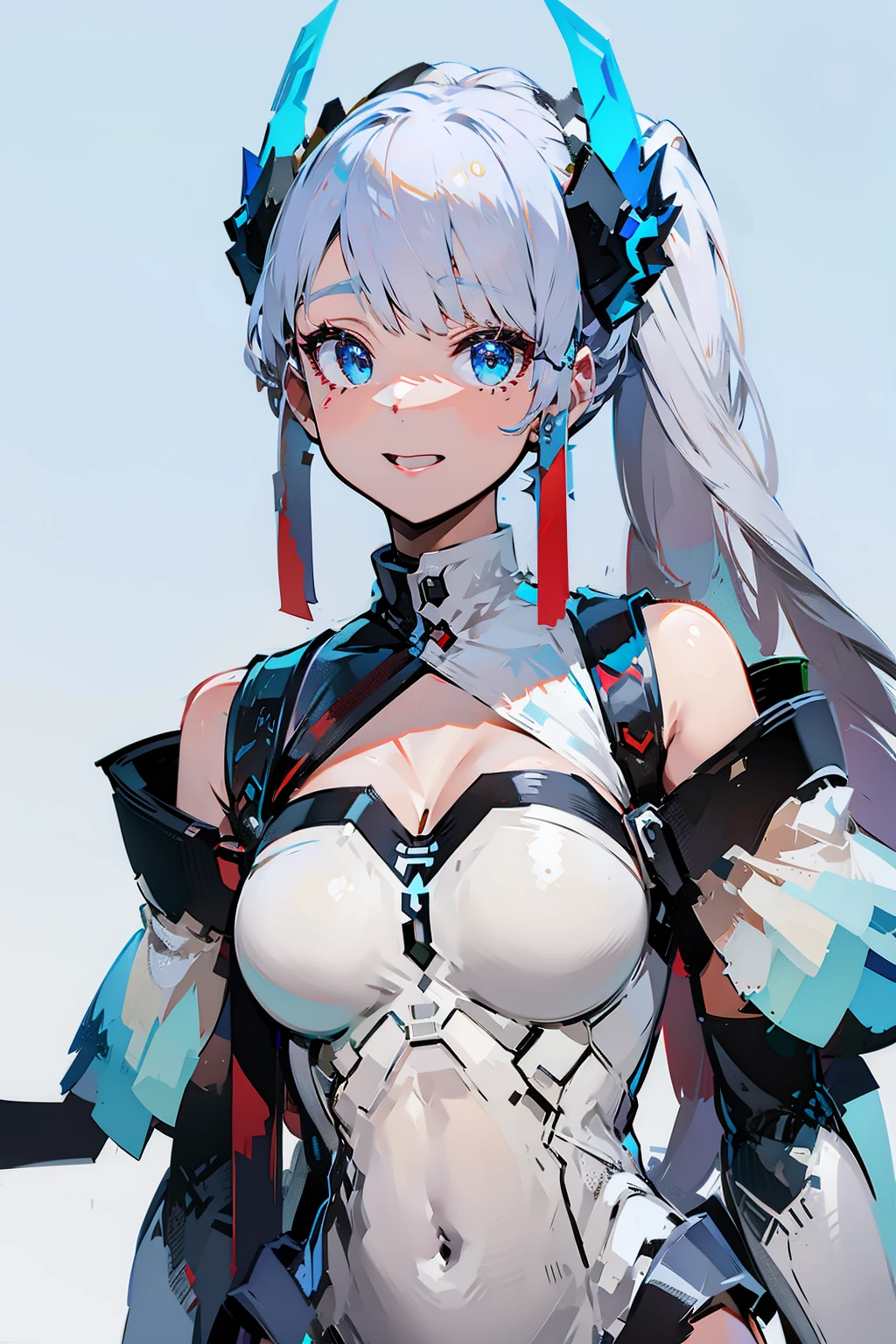 <lora:Airi_Heavenly_Striker_V4:0.8>, Airi_Heavenly_Striker, 1girl, solo, long hair, very long hair, white hair, multicolored hair, ponytail, bangs, earrings, looking at viewer, blue eyes, cleavage, breasts, medium breasts, clothing cutout, gloves, covered navel, pelvic curtain, see-through, thighhighs, white thighhighs, jewelry, smile, best quality, ultra high res, (photorealistic:1.4), masterpiece, real life skin, hyper real