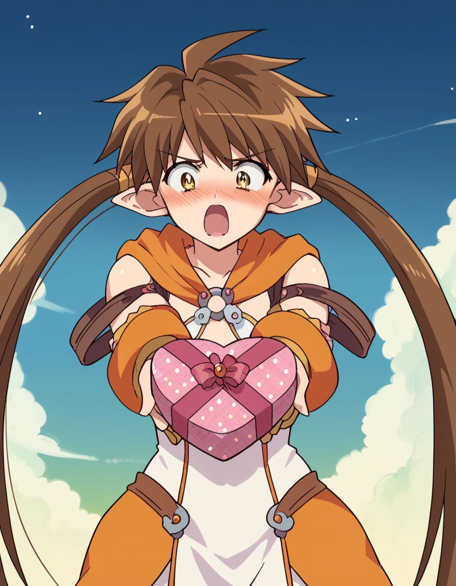 score_9, score_8_up, score_7_up, source_anime, <lora:queens-blade-nowa-s1-ponyxl-lora-nochekaiser:1>, nowa, long hair, bangs, brown hair, twintails, brown eyes, very long hair, yellow eyes, mature female, small breasts, pointy ears, elf, anime screencap, <lora:heart-shaped-box-ponyxl-lora-nochekaiser:1>, heart-shaped box, holding, box, gift, valentine, incoming gift, closed eyes, blush, open mouth, outstretched arms, outdoors, night sky, clouds, shouting,, , cowboy shot, solo