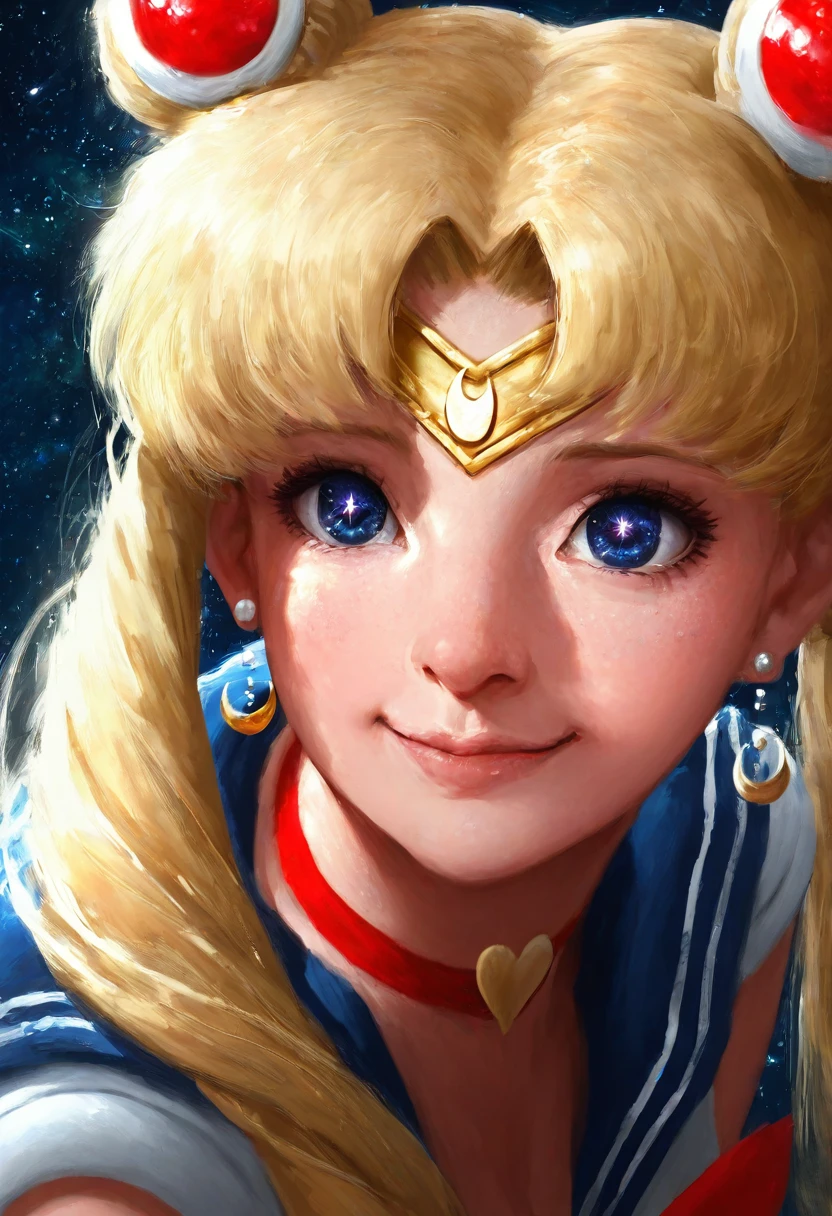 manzaneedostyle, masterpiece, dark_fantasy, hyper_realistic, painting, best quality, detailed face, detailed eyes, sailor moon, blonde hair, blue eyes, dim backlighting, smile, stars, v, closeup, faceshot,