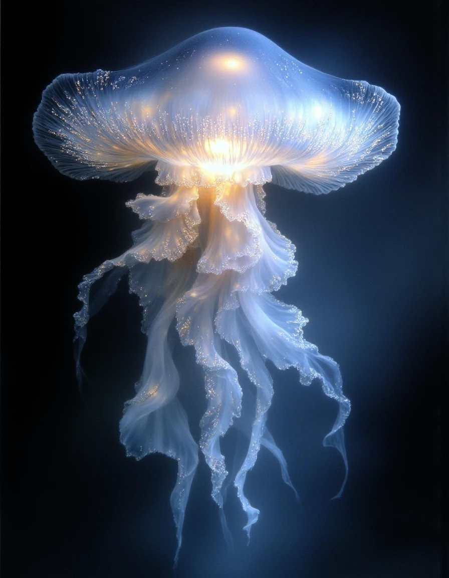 Ethereal Gothic Elegance, The image is a close-up of a jellyfish floating in the ocean. The jellyfish has a long slender body with a round head and a long tail. Its body is covered in small translucent tentacles that are spread out in a star-like pattern. The tentacles are a pale blue color and appear to be floating in a dark foggy background. The overall mood of the image is mysterious and ethereal., jellyfish, no humans, solo, simple background, full body, glowing, light particles