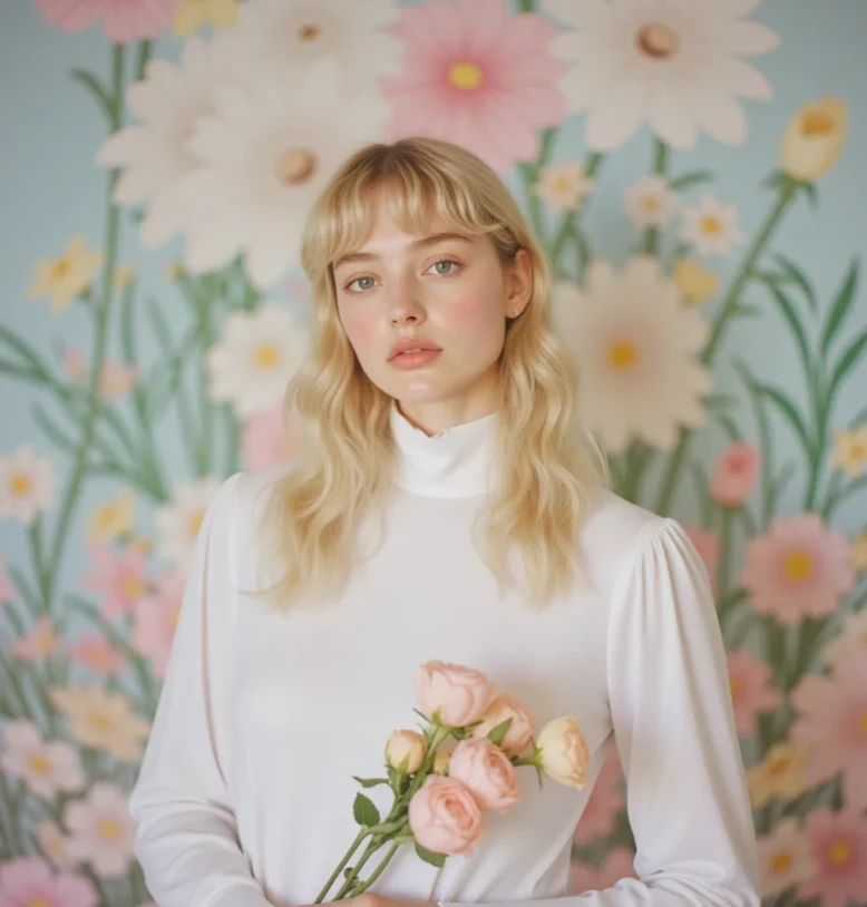 p4st3l photo, a blonde woman posing in a white dress with high neckline, in front of abstract painterly background, film pastel photo, she is holding flowers, ethereal mood
