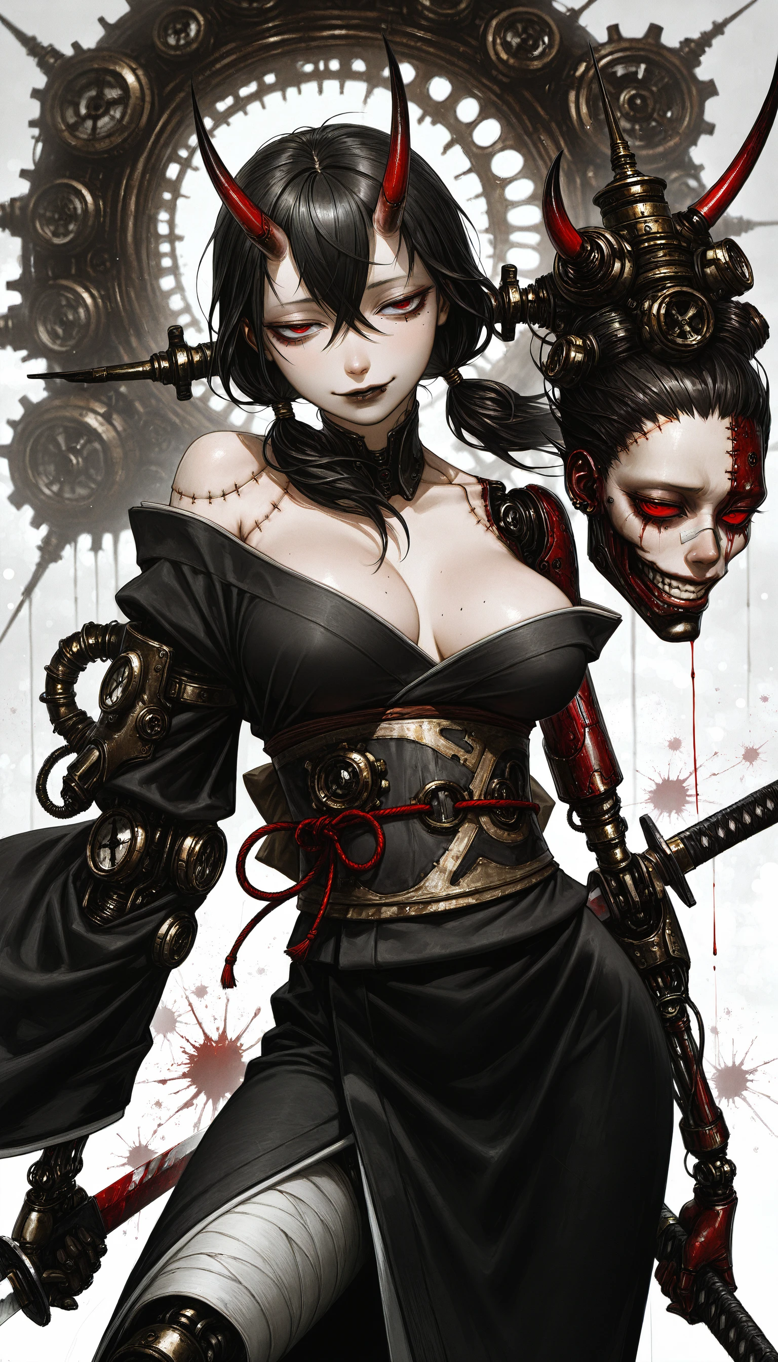 (AGM-Illu, best quality, abstract, steampunk, abstract_background, surreal, science_fiction, photoshop_(medium), original, horror_(theme), traditional_media, ink_splatter, blood_splatter, splatter_background, bokeh, HDR, contrapposto, dutch angle, depth of field)
((1girl arm_guards mature_female narrowed_eyes leaning_foward large_breasts evil_grin thick_lips seductive bandages bare_shoulders black_hair blood breasts cyborg gears hair_between_eyes hair_tie holding holding_sword horn_piercing horns warm_theme japanese_clothes joints katana kimono long_sleeves low_twintails mechanical_arms mole mole_on_breast no_pupils obi prosthesis prosthetic_arm red_eyes red_horns robot_joints sash sheath sheathed single_mechanical_arm solo steampunk stitches sword twintails wide_sleeves))