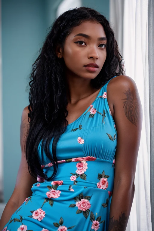 breathtaking Light blue floral sundress, cotton, paired with white sandals and a silver anklet a breathtaking beauty photo of a beautiful woman, <lora:BarbieRous:1>, 1girl, solo, dark skin, dark-skinned female, long black hair, curly hair, realistic, shot on ALEXA 65, simple background, white background, upper body, posing, style of Tyler Shields:1, official balmain editorial:1, (masterpiece)) 8K, enhanced contrast, FHM magazine editorial:1.3, PA7_Portrait-HL_v2, Stable-Yogis-Rembrandt-lighting-1.5x, masterpiece, award-winning, professional, highly detailed, RAW candid cinema, 16mm, color graded portra 400 film, remarkable color, ultra realistic, textured skin, remarkable detailed pupils, realistic dull skin noise, visible skin detail, skin fuzz, dry skin, shot with cinematic camera