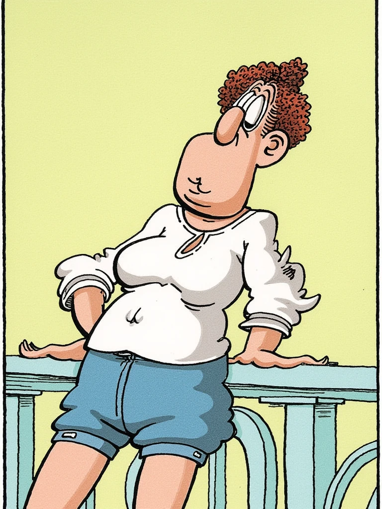 d0nm4rt1n. Whimsical cartoon illustration in the style of Don Martin comics. Person with an exaggerated face and a large bulbous nose, Leaning back against a railing, arms draped over it in an operating room, Dressed in a modern, balloon-sleeved blouse with a keyhole cutout, paired with tailored shorts.
