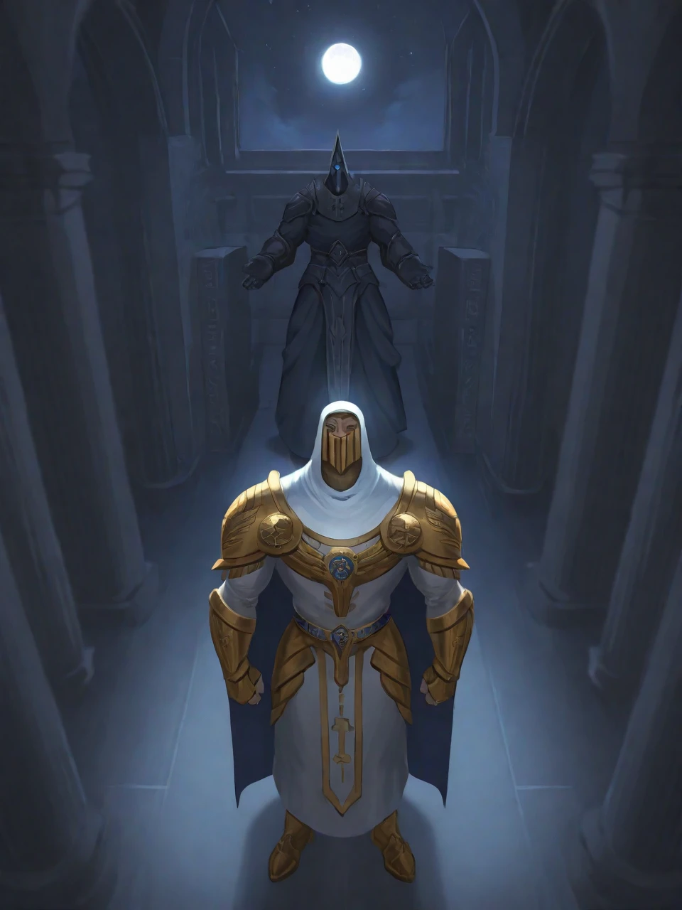 3tn3ss, very awa, masterpiece, best quality, absurdres, newest, perfect quality, detailed background, intricate details, Ancient Egypt, night time, temple interior, moon shining in from above, full body view, male, solo
moonknight, hood, armor, cape, glowing eyes, blue eyes, mask, bara, muscular, standing tall, looking up to the moon, priest-like stature, in reverence, eyes closed