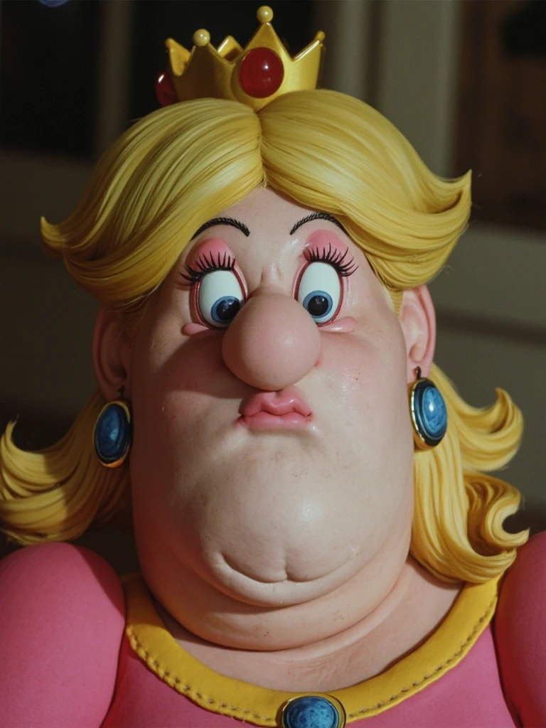 Surreal cinematic photograph. Candid portrait of fat Princess Peach with a large bulbous nose and exaggerated features. Shot on 35mm analog film. Subtle film grain. Natural and soft lightning, blurred bokeh background. Detailed skin texture. d0nm4rt1n. Photo in the style of Don Martin